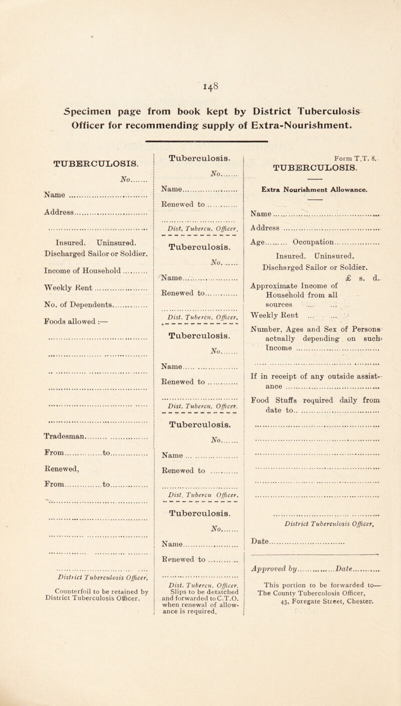 * 148 Specimen page from book kept by District Tuberculosis Officer for recommending supply of Extra-Nourishment. TUBERCULOSIS. No.... Name Address Insured. Uninsured. Discharged Sailor or Soldier. Income of Household Weekly Kent No. of Dependents Foods allowed :— Tradesman From Renewed, to Tuberculosis. No Name.. Renewed to Dist, Tubercu. Officer. Tuberculosis. No. Name... Renewed to Dist. Tubercu. Officer, Tuberculosis. No Name Renewed to Dist. Tubercu. Officer. Tuberculosis. No Name Renewed to Form T.T. 8.- TUBERCULOSIS. Extra Nourishment Allowance. Name... Address Age Occupation Insured. Uninsured. Discharged Sailor or Soldier. £ s. d. Approximate Income of Household from all sources Weekly Rent Number, Ages and Sex of Persons actually depending on such* Income If in receipt of any outside assist- ance Food Stuffs required daily from date to ; From District Tuberculosis Officer Counterfoil to be retained by District Tuberculosis Officer. Dist. Tubercu Officer. Tuberculosis. No.... N ante Renewed to Dist. Tubercu. Officer. Slips to be detatched and forwarded toC.T.O. when renewal of allow- ance is required. District Tuberculosis Officer, Date Approved by Date This portion to be forwarded to— The County Tuberculosis Officer, 43, Foregate Street, Chester.