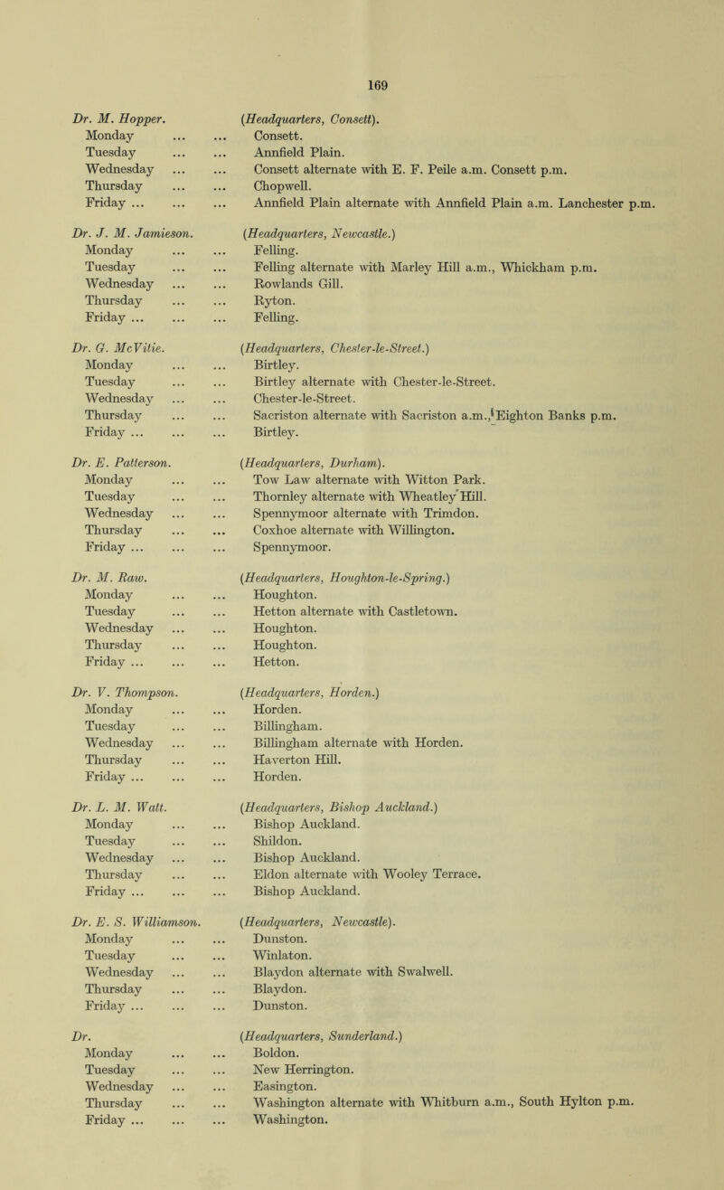 Dr. M. Hopper. Monday Tuesday Wednesday Thursday Friday ... Dr. J. M. Jamieson. Monday Tuesday Wednesday Thursday Friday ... Dr. G. McVitie. Monday Tuesday Wednesday Thursday Friday ... Dr. E. Patterson. Monday Tuesday Wednesday Thursday Friday ... Dr. M. Raw. Monday Tuesday Wednesday Thursday Friday ... Dr. V. Thompson. Monday Tuesday Wednesday Thursday Friday ... Dr. L. M. Watt. Monday Tuesday Wednesday Thursday Friday ... Dr. E. S. Williamson. Monday Tuesday Wednesday Thursday Friday ... Dr. Monday Tuesday Wednesday Thursday Friday ... {Headquarters, Gonsett). . Consett. Annfield Plain. . Consett alternate with E. F. Peile a.m. Consett p.m. . Chop well. . Annfield Plain alternate with Annfield Plain a.m. Lanchester p.m. {Headquarters, Newcastle.) Felling. Felling alternate with Marley Hill a.m., Whickham p.m. Rowlands Gill. . Ryton. FeUing. {Headquarters, Chester-le-Street.) Birtley. Birtley alternate with Chester-le-Street. Chester-le-Street. Sacriston alternate with Sacriston a.m.,*Eighton Banks p.m. Birtley. (Headquarters, Durham). Tow Law alternate with Witton Park. . Thornley alternate with Wheatley'Hill. Spennymoor alternate with Trimdon. . Coxhoe alternate with WiUington. . Spennymoor. {Headquarters, Houghton-le-Spring.) . Houghton. Hetton alternate with Castletown. Houghton. Houghton. Hetton. {Headquarters, Harden.) . Horden. BillLngham. Billingham alternate with Horden. Haverton Hill. . Horden. {Headquarters, Bishop Auckland.) . Bishop Auckland. Shildon. Bishop Auckland. Eldon alternate with Wooley Terrace. Bishop Auckland. {Headquarters, Newcastle). . Dunston. . Winlaton. Blaydon alternate with Swalwell. Blaydon. Dunston. {Headquarters, Sunderland.) . Boldon. New Herrington. Easington. . Washington alternate with Whitburn a.m., South Hylton p.m. . Washington.