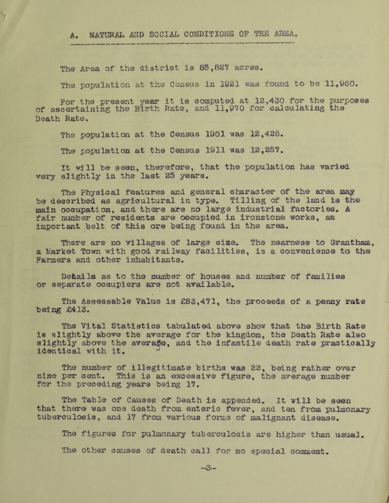 A. NATURAL AND SOCIAL CONDITIONS OP THE ABBA. The Area of the district Is 85,827 acres. The population at the Census in 1921 was found to be 11,960. For the present year it is computed at 13,430 for the purposes of ascertaining the Birth Rate, and 11,970 for calculating the Death Rate, The population at the Census 1901 was 13,436. The population at the Census 1911 was 13,257. It will be seen, therefore, that the population has varied very slightly in the last 25 years. The Physical features and general character- of the area may be described as agricultural in type. Tilling of the land is the main occupation, and there are no large industrial factories. A fair number of residents are occupied in ironstone works, an important belt of this ore being found in the area. There are no villages of large siaa. The nearness to Or ant ham-, a Market Town with good railway facilities, is a convenience to the Farmers and other Inhabitants. Details as to the number of houses and number cf families or separate occupiers are not available. The Assessable Value is £83,471, the proceeds of a penny rate being £413. The Vital Statistics tabulated above show that the Birth Rate is slightly above the average for the kingdom, the Death Rate also slightly above the average, and the infantile death rate practically identical with it. The number of illegitimate births was 22, being rather- over nine per cent. This is an excessive figure, the average number for the preceding years being 17. The Table of Causes of Death is appended. It will be seen that there was one death from enteric fever, and ten from pulmonary tuberculosis, and 17 from various forms of malignant disease. The figures for pulmonary tuberculosis are higher than usual. The other causes of death call for no special conment.