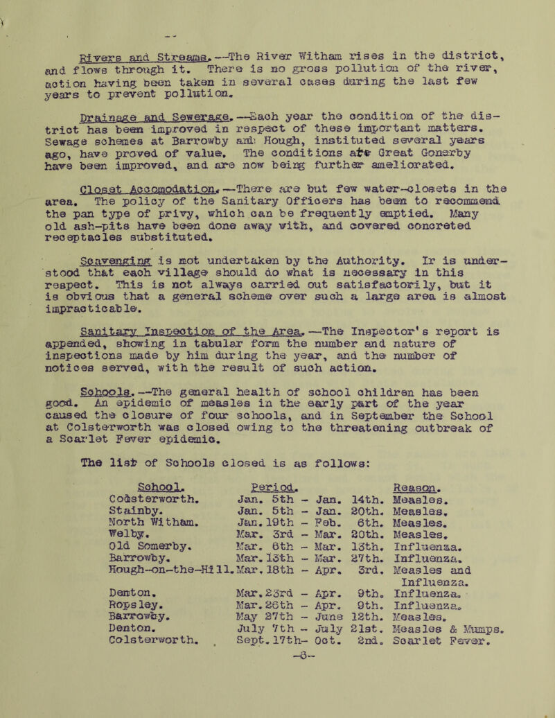 Rivers and Streams,—The River Witham rises in the district, and flows through it. There is no gross pollution of the river, action having been taken in several cases during the last few years to prevent pollution. Drainage and Sewerage.—Each year the condition of the dis- trict has been improved in respect of these important matters. Sewage schemes at Barrowby and Hough, instituted several years ago, have proved of value. The conditions ate Great Goner by have been improved, and are now being further ameliorated. Closet Accomodation*—There are but few water-closets in the area. The policy of the Sanitary Officers has been, to recommend the pan type of privy, which can be frequently emptied. Many old ash-pits have been done away with, and covered concreted receptacles substituted. Scavenging is mot undertaken by the Authority. Ir is under- stood that each village should do what is necessary in this respect. This is not always carried out satisfactorily, but it is obvious that a general scheme over such a large area is almost impracticable. Sanitary Inspection of the Area. —The Inspector’s report Is appended, showing in tabular form the number and nature of inspections made by him during the year, ana the number of notices served, with the result of such action. Sohool3.—The general health of school children has been good. An epidemic of measles in the early part of the .year caused the closure of four schools, and in September the School at Colsterworth was closed owing to the threatening outbreak of a Scarlet Fever epidemic. The list of Schools closed is as follows: School* Period. Reason. Codsterworth. Jan. 5th - Jan. 14th. Measles. St ainby. Jan. 5th - Jan. 20th. Measles. North Witham. Jan. 19th - Feb. 6th. Measles. Welby. Mar. 3rd - Mar. 20th. Measles. Old Somerby. Mar. 6th - Mar. 13th. Influenza. Barrowby. Mar.13th - Mar. 27th. Influenza. Hough-on-the-Ki11. ,Mar.18th - Apr. 3rd. Measles and Influenza. Denton. Mar.23rd - Apr. 9th. Influenza, Hops ley. Mar.26th - Apr. 9th. Influenza,. Barrowby. May 27th - June 12th. Measles, Denton. July 7th - July 21st. Measles & Mumps. C o 1 s t erwor t h. Sept.17th- Oct. 2nd, Seal’let Fever. -6-