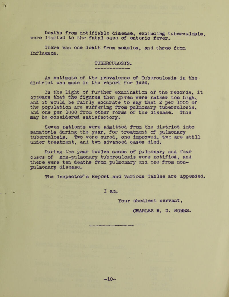 were limited to the fatal case of enteric fever. There was one death from measles, and three from Influenza. TUBERCULOSIS. An estimate of the prevalence of Tuberculosis in the district was made in the report for 1824. In the light of further examination of the records, it appears that the figures then given were rather too high, and it would be fairly accurate to say that 2 per 1000 of the population are suffering from pulmonary tuberculosis, and one per 1000 from other forms of the disease. This may be considered satisfactory. Seven patients were admitted from the district into sanatoria during the year, for treatment of pulmonary tuberculosis. Two were cured, one improved, two are still under treatment, end two advanced cases died. During the year twelve cases of pulmonary and four cases of non~pulmonary tuberoulosis were notified, and there were tan deaths from pulmonary find one from non- pulmonary disease. The Inspector’s Report and various Tables are appendad. I sun. Your obedient servant, CHARLES H. D. ROBBS* -10