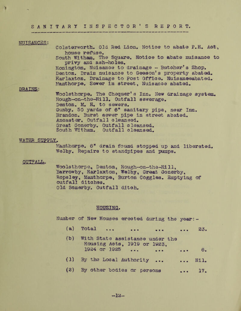 REPORT > SANITARY INSPECTOR’S MPLSMGfig; Colsterworth. Old Red Lion, Notice to abate P.H. Act, house refuse. South Witham. Th© Square. Notice to abate nuisance to privy and ash-holes. Honlngton. Nuisance to drainage - Butcher's Shop, Denton. Drain nuisance to Season’s property abated. Harlaxton. Drainage to Post Office. Nulsaneeab&ted. Manthorpe. Sewer in street, Nuisance abated, D3AXHS; Woolsthorpe. The Chequer'a Inn. New drainage system. Hough-on—tho-Hi 11. Outfall sewerage. Denton. K. H, to sewers. Gunby. 50 .yards of ©* sanitary pipe, near Inn. Brandon. Burst sewer pipe in street abated. Ancastar. Outfall cleansed. Great Gonerby. Outfall cleansed. South Witham. Outfall oleansed. WATER SUPPLY. M&nthorpe. 6* drain found stopped up and liberated. Walby. Repairs to standpipes and pumps. OUTFALL. Woolsthorp©, Denton, Hough-on-the-Hill, Barrowby, Harlaxton, Welby, Great Gonerby, Ropsley, Manthorpe, Burton Goggles. Emptying of outfall ditches. Old Somerby. Outfall ditch. K0US.IM, Number of Mew Houses erected during the year:- (a) Total ... ... • n m ♦ • « 23 0>) With State assistance under the Housing Acts, 3919 or 1923, 1924 or 1925 * • ♦ » m ■ a (1) By the Local Authority * • * t * « Nil. (2) By other bodies or persons ... 17 —IE