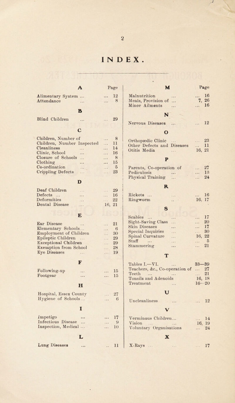 J 2 INDEX. A Page Alimentary System ... ... 12 Attendance ... 8 B Blind Children ... 29 C Children, Number of ... 8 Children, Number Inspected ... 11 Cleanliness ... 14 Clinic, School ... 16 Closure of Schools ... 8 Clothing ... 15 Co-ordination 5 Crippling Defects ... 23 i D 1 1 Deaf Children ... 29 ! Defects ... ... 16 1 Deformities ... 22 Dental Disease 16, 21 E Ear Disease ... 21 Elementary Schools... ... 6 Employment of Children ... 30 Epileptic Children ... ... 29 Exceptional Children ... 29 Exemption from School ... 28 Eye Diseases ... 19 F Following-up ... 15 Footgear ... 15 H Hospital, Essex County ... 27 Hygiene of Schools... ... 6 I Impetigo ... 17 Infectious Disease ... 9 Inspection, Medical ... ... 10 L Lung Diseases .. 11 M Page Malnutrition Meals, Provision of ... Minor Ailments ... 16 7, 26 ... 16 N Nervous Diseases ... 12 O Orthopaedic Clinic Other Defects and Diseases Otitis Media ... 23 ... 11 16, 21 P Parents, Co-operation of Pediculosis Physical Training ... 27 ... 13 ... 24 R Pickets ... Ringworm ... 16 16, 17 s Scabies ... Sight-Saving Class ... Skin Diseases ... Special Inquiries Spinal Curvature Staff Stammering ... 17 ... 20 ... 17 ... 30 16, 22 5 ... 21 T Tables I.—VI. Teachers, &c.. Co-operation of Teeth Tonsils and Adenoids Treatment 33—39 ... 27 ... 21 16, 18 16-20 U Uncleanliness ... 12 V Verminous Children... Vision Voluntary Organisations ... 14 16, 19 ... 24 X X-Rays ... . 17