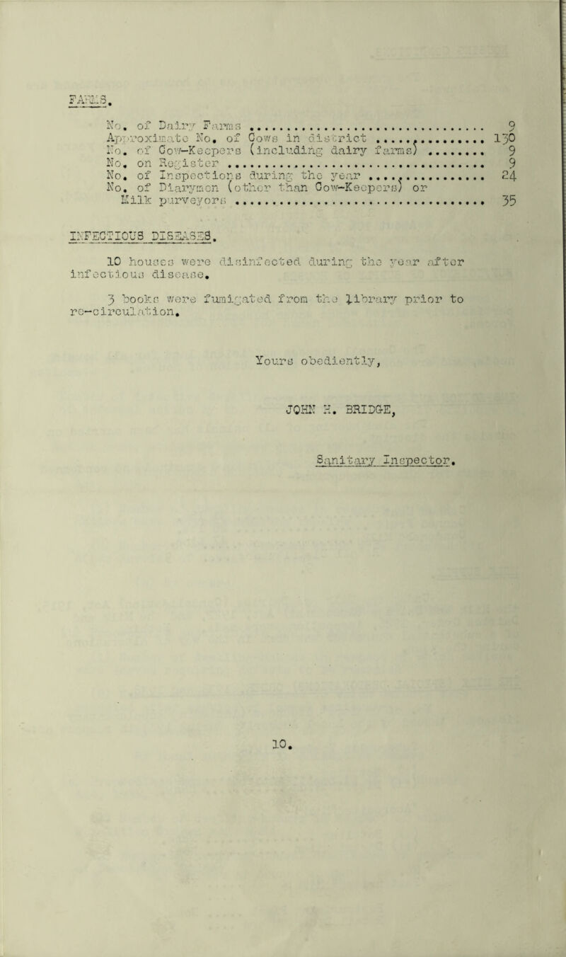 H *1.1 c.-iD * • No. of Dairy Parma Apr• roxi!nate No• of No. of 0 ov/—K e epe r s No. on Register .. No. of Inspections during the year No. of Biarymcn (other than Cow-Keepers) or Milk purveyors 35 INFECTIOUS DISEASES. 10 houses were disinfected during the year after infectious disease. 3 books were fumigated from the library prior to re—circulation. Cows in district 13 (including dairy farms) Y o ur s obediently, JOHN H. BRID&E, Sanitary Iaspector, 10 -ps»VOVO O'-O