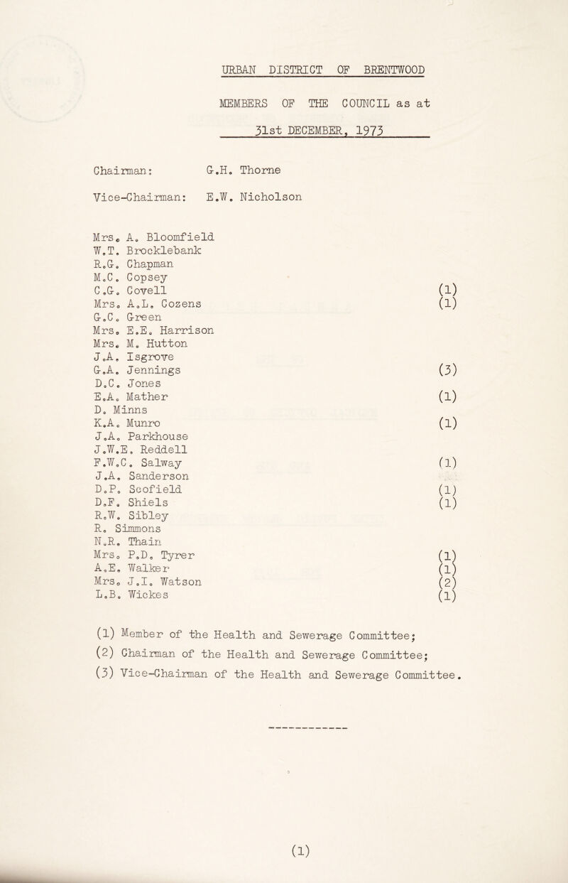 MEMBERS OF THE COUNCIL as at 31st DECEMBER, 1973 Chairman; G-.Ho Thorne Vice-Chairman: E,We Nicholson MrSo Ae Bloom-field WoT, Brocklebank RoG-o Chapman MoCe Copsey C.G-o Covell (1) Mrso AoL, Cozens (1) G.Co G-reen MrSo E.E« Harrison Mrs« M. Hutton JoA, IsgrxDTe G.Ae Jennings (3) D 0 C. J one s EoAo Mather (1) Do Minns KoAo Munro (1) JoAo Parkhouse JoW.Eo Reddell F.WoCo Salway (1) J.A. Sanderson DoPo Scofield (1) DoFo Shiels (1) RoWo Sibley Ro Simmons NoR. Thain MrSo PoDe Tyrer (1) A^E, Walker (1) MrSo Jolo Watson d) LoBo Wickes (1) (1) Member of the Health and Sewerage Committee; (2) Chaiman of the Health and Sewerage Committee; (3) Vice-Chairman of the Health and Sewerage Committee.