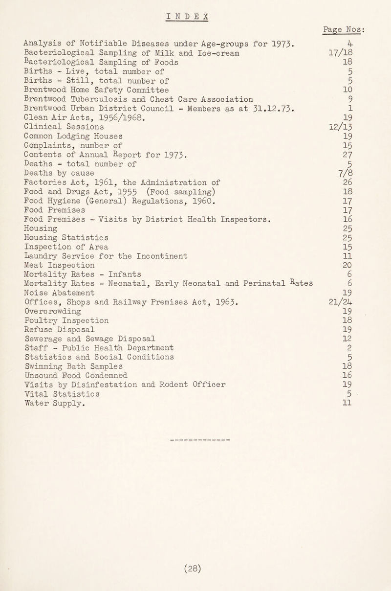 INDEX Page Nos: Analysis of Notifiable Diseases under Age-groups for 1973. '4- Bacteriological Sampling of Milk and Ice-cream I7/I8 Bacteriological Sampling of Poods 18 Births - Live, total number of 5 Births - Still, total number of 5 Brentwood Home Safety Committee 10 Brentwood Tuberculosis and Chest Care Association 9 Brentwood Urban District Council - Members as at 31*12*73. 1 Clean Air Acts, I956/1968. 19 Clinical Sessions 12/13 Common Lodging Houses 19 Complaints, number of 15 Contents of Annual B-eport for 1973. 27 Deaths - total number of 5 Deaths by cause 7/8 Factories Act, I96I, the Administration of 26 Food and Drijgs Act, 1955 (Food sampling) 18 Food Hygiene (C-eneral) Regulations, I96O. 17 Pood Premises 17 Food Premises “ Visits by District Health Inspectors. I6 Housing 25 Housing Statistics 25 Inspection of Area 15 Laundry Service for the Incontinent 11 Meat Inspection 20 Mortality Rates - Infants 6 Mortality Rates - Neonatal, Early Neonatal and Perinatal B-ates 6 Noise Abatement 19 Offices, Shops and Railway Premises Act, I963. 21/24 Overcrowding 19 Poultry Inspection I8 Refuse Disposal 19 Sewerage and Sewage Disposal 12 Staff - Public Health Department 2 Statistics and Social Conditions 5 Swimming Bath Samples 18 Unsound Food Condemned I6 Visits by Disinfestation and Rodent Officer 19 Vital Statistics 5 Water Supply. 11