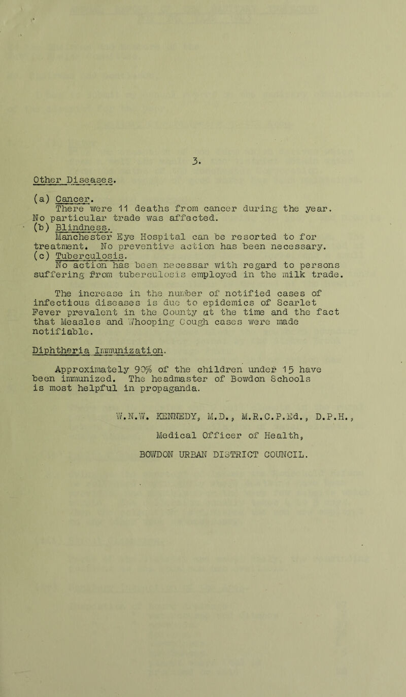 Other Diseases. (a) Cancer, There were 11 deaths from cancer during the year. No particular trade v/as affected. (h) Blindness. Manchestel? Eye Hospital can be resorted to for treatment. No preventive action has been necessary. (c) Tuberculosis. No action has been necessar v;ith regard to persons suffering from tuberculosis employed in the milk trade. The increase in the number of notified cases of infectious diseases is duo to epidemics of Scarlet Fever prevalent in the County at the time and the fact that Measles and V/hooping Cough cases were made notifiable. Diphtheria Inmiunization. Approximately 90fo of the children under 15 have been immunized. The headmaster of Bov/don Schools is most helpful in propaganda. W,N,W. KENNEDY, M.D,, M,R,C,P.Ed,, D,P,H., Medical Cfficer of Health, BCWDCN URBAN DISTRICT CCUNCIL.