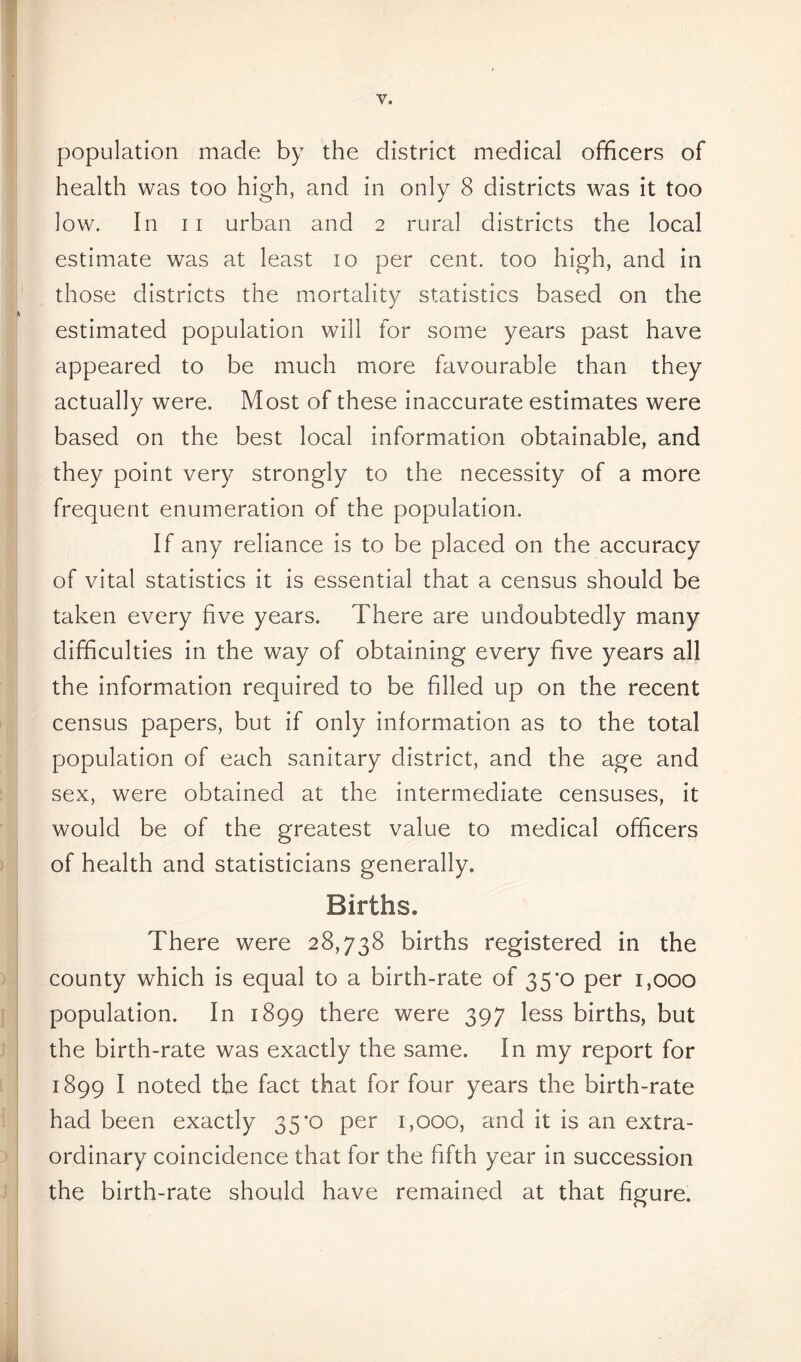 y. population made by the district medical officers of health was too high, and in only 8 districts was it too low. In ii urban and 2 rural districts the local estimate was at least 10 per cent, too high, and in those districts the mortality statistics based on the estimated population will for some years past have appeared to be much more favourable than they actually were. Most of these inaccurate estimates were based on the best local information obtainable, and they point very strongly to the necessity of a more frequent enumeration of the population. If any reliance is to be placed on the accuracy of vital statistics it is essential that a census should be taken every five years. There are undoubtedly many difficulties in the way of obtaining every five years all the information required to be filled up on the recent census papers, but if only information as to the total population of each sanitary district, and the age and sex, were obtained at the intermediate censuses, it would be of the greatest value to medical officers of health and statisticians generally. Births. There were 28,738 births registered in the county which is equal to a birth-rate of 35*0 per 1,000 population. In 1899 there were 397 less births, but the birth-rate was exactly the same. In my report for 1899 I noted the fact that for four years the birth-rate had been exactly 35*0 per 1,000, and it is an extra- ordinary coincidence that for the fifth year in succession the birth-rate should have remained at that figure.