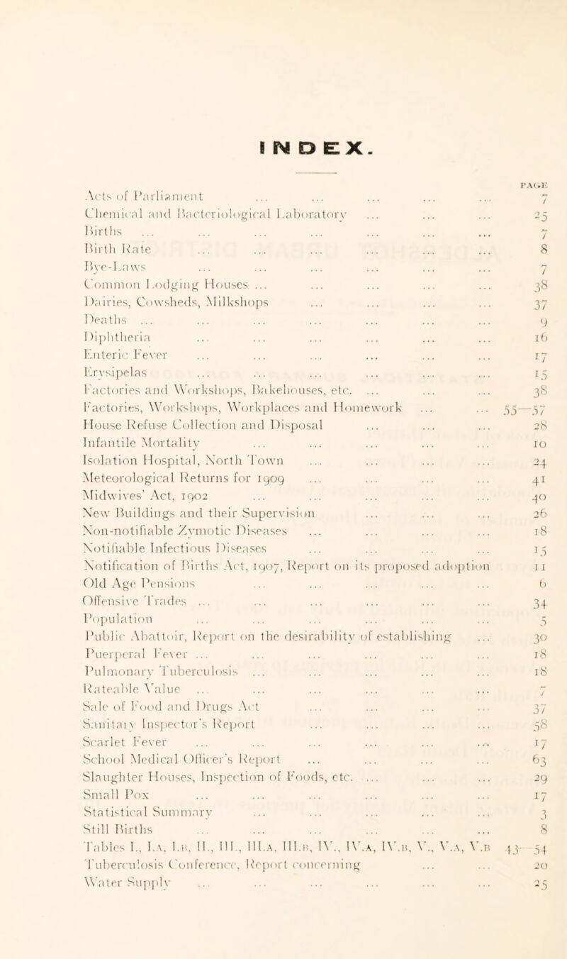 I N Acts (if C'linnical niui 1 laclc'viological Laboi liirttis Iiirtli Rate IRe-Iaiws C'oniiium Lodging Houses . Dailies, Cowsheds, Milkshoj^s Deaths ... Diplitlieria h'literic Fever lfrvsi{)elas I'actories and \\\irkshojis, Ikakehouscs, etc. I'ac'tories, Workshops, Workjilaces and Hoineuan'k f louse Refuse Collei'tion and Dispcjsal Infantile Mortality Isolation Hospital, Xorth 'Town Metein'ological Returns for 1909 Midwives' Act, 1902 Xew Ikiildings and their Supervision Xon-notifiable Zymotic' Diseases Xotihable Infectious Diseases Xotification of Phrths Act, 1907, Re[)ort on its ()ld Age Pcmsions ()ITensive 'Trades ... Population Public Ab.attoir, Re'])ort on the desirability of Puerjieral T'ever ... Pulmonary Tubercidosis Rateable \'alue Sale of T'ood and Drugs .Act Sanitaiv 1 nsjiec'tor's Rejiort Scarlet T'ever School Medical Ollicer's i'teport Slaughter Houses, Insjicction of Foods, etc. Small Pox Statistical Summary Still Births Tables 1., l..\. La, IT, 111., llT.x, IITh, 1\'., 1\'. 'Tuberculosis t'c.inferencc', RVjiort coiu'crning W'ater Su[)plv n'oposec establish y 1\'.H, \ ad( ipti 1 R 4.L / ^5 / 8 7 37 itj 17 15 3B ■37 2(S 10 24 41 4” 2b 18 13 11 () 34 3 3fJ 18 18 / 37 3« 17 ^>3 ^9 17 3 8 34 20 PS