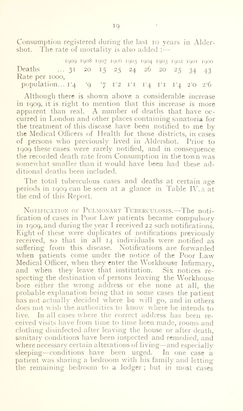 Consumption registered during the last lo years in Aider- shot. Tlie rate of mortality is also added : — 1909 1908 1907 1906 1905 1904 1903 1902 1901 1900 Deaths 31 20 W 25 24 26 20 ^5 34 43 Rate per 1000, 1 population... ■9 7 I'2 I’l i‘4 i‘i 2'0 2‘6 Although there is shown above a considerable increase in 1909, it is right to mention that this increase is more apparent than real. A number of deaths that have oc- curred in London and other places containing sanatoria for the treatment of this disease have been notified to me by the Medical Officers of Health for those districts, in cases of persons who previously lived in /Vldershot. Prior to 1909 these cases were rarely notified, and in consequence the recorded death rate from Consumption in the town was somewhat smaller than it would have been had these ad- ditional deaths been included. Idle total tuberculous cases and deaths at certain age periods in 1909 can be seen at a glance in d'able IV. x at the end of this Report. Notification of Pulmonary Tuberculosis.—The noti- fication of cases in Poor Law patients became compulsory in 1909, and during the }’ear I received 22 such notifications. Eight of these were duplicates of notifications previously received, so that in all 14 individuals were notified as suffering from this disease. Notifications are forwarded when patients come under the notice of the Poor Law Medical Officer, when they enter the Workhouse Infirmarv, and when they leave that institution. Six notices re- specting the destination of persons leaving the Workhouse bore either the w'rong address or else none at all, the probable explanation being that in some cases the patient has not actually decided where he will go, and in others does not w ish the authorities to know where he intends to live. In all cases where the correct address has been re- ceived visits have from time to time been made, rooms and clothing disinfected after leaving the house or after death, sanitary conditions have been inspected and remedied, and where necessary certain alterations of living—and especiallv sleeping—conditions have been urged. In one case a patient was sharing a bedroom with his family and letting the remaining bedroom to a lodger ; but in most cases