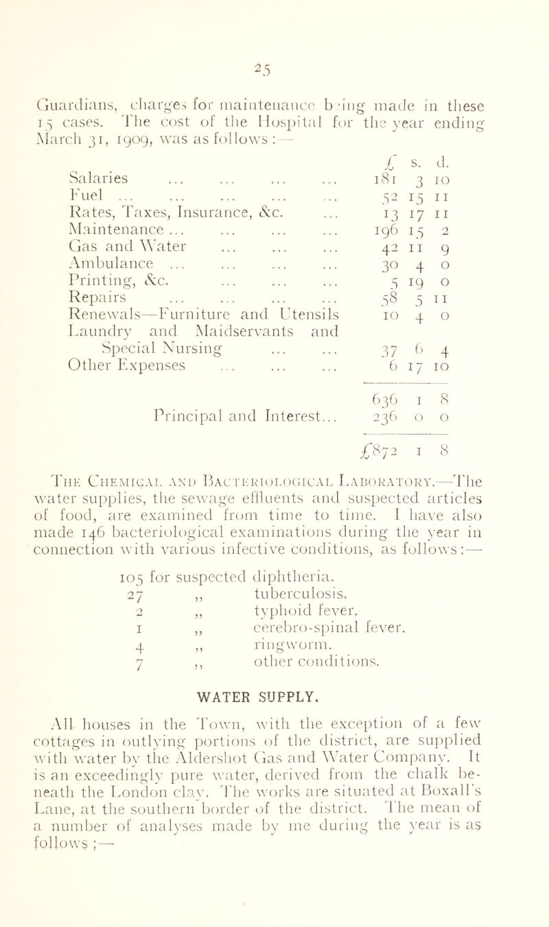 ■25 Guardians, cbarge.^ for inainlenaiicc bang made in these 15 cases, d'he cost of the Hospital for the vear end in March 31, 1909, was as follows : - £ s. d. Salaries i8r 3 10 Fuel 52 15 11 Rates, d'axes. Insurance, &c. 13 17 11 Maintenance... 196 L5 2 Gas and Water 42 11 9 Ambulance ... 30 4 0 Printing, cCc. r- a 19 0 Repairs 58 r- a 11 Renewals—Furniture and Utensils 10 4 0 Laundry and Maidservants and Special Nursing ... ... 37 6 4 Other Fxpenses 6 17 10 636 I 8 Principal and Interest... 236 0 0 £872 I 8 d'nK Chemical and Baci'erumochcal Laboratory.—d'lie water supplies, tlie seAvage ehluents and suspected articles of food, are examined from time to time. I have also made 146 bacteriological examinations during the year in connection with various infective conditions, as follows:—■ 105 for suspected diphtheria. 27 tuberculosis. 2 )? typhoid fever. I cerebro-spinal fever. 4 ?) ringworm. 7 ?? other conditions. WATER SUPPLY. All houses in the d'own, with the exception of r i few cottages in outlying portions of the district, are supplied with water by the Aldershot Gas and Water Company. It is an exceedingly pure water, derived from the chalk be- neath the London clay, d'he works are situated at Boxall's Lane, at the southern border of the district, d he mean of a number of analyses made by me during the year is as follows ; —