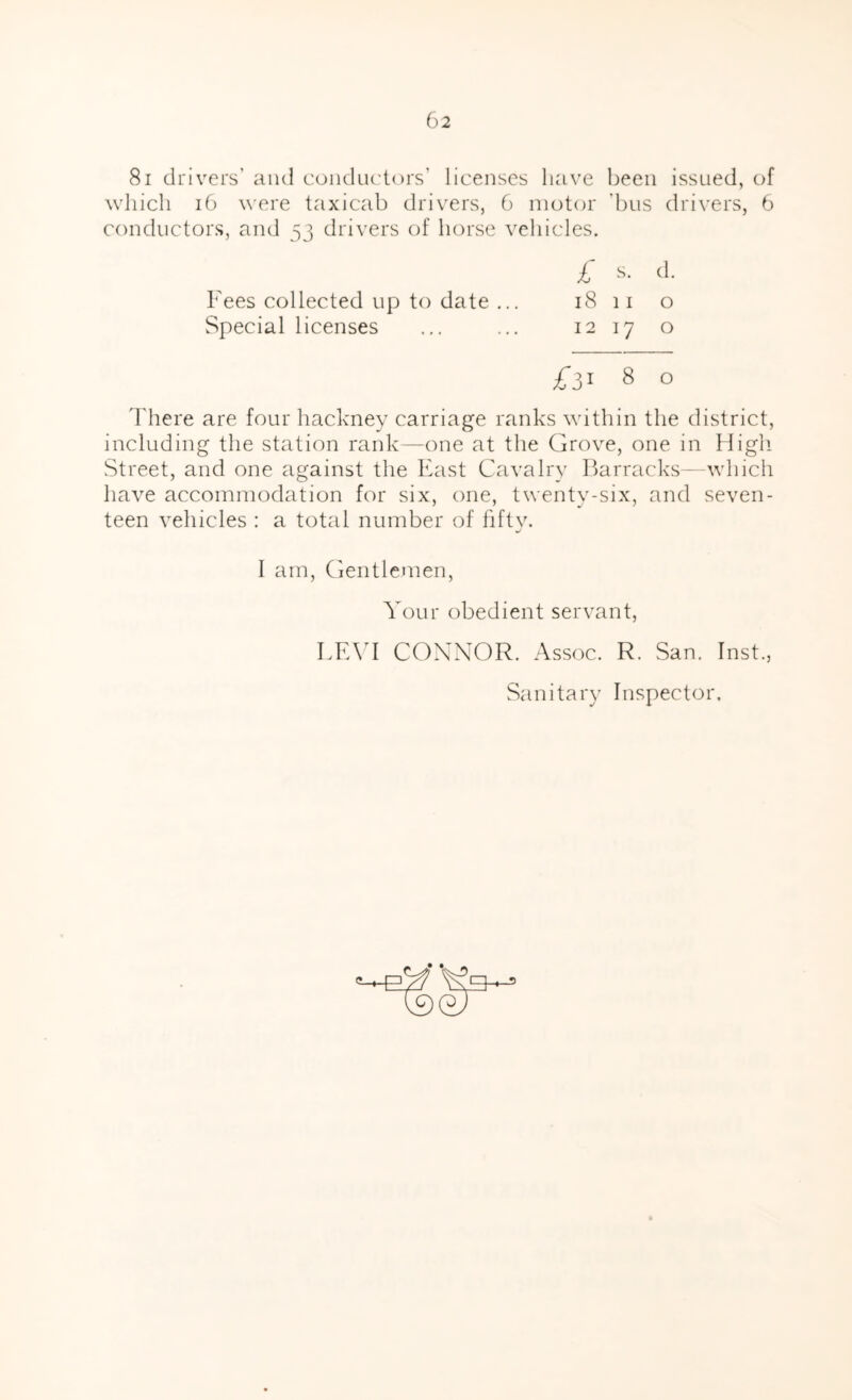 81 drivers’ and conductors’ licenses have been issued, of which i6 were taxicab drivers, 6 motor 'bus drivers, 6 conductors, and 53 drivers of horse vehicles. Fees collected up to date ... Special licenses 1811 o 1217 o C31 8 o I'here are four hackney carriage ranks within the district, including the station rank—one at the Grove, one in High- Street, and one against the East Cavalry Barracks- which have accommodation for six, one, twenty-six, and seven- teen vehicles : a total number of liftv. •/ I am. Gentlemen, Your obedient servant, LE\B CONNOR. Assoc. R. San. Inst. Sanitary Inspector.