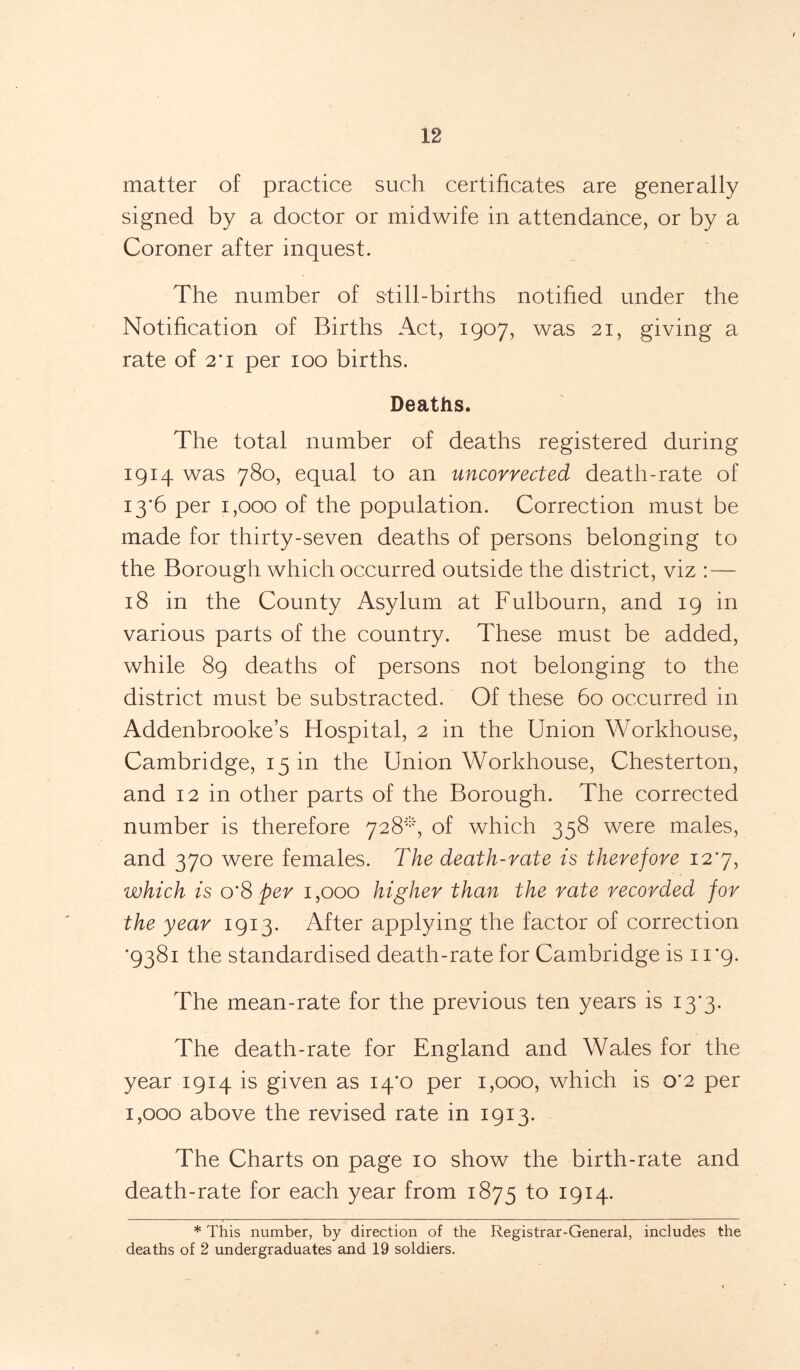 matter of practice such certificates are generally signed by a doctor or midwife in attendance, or by a Coroner after inquest. The number of still-births notified under the Notification of Births Act, 1907, was 21, giving a rate of 2*1 per 100 births. Deaths. The total number of deaths registered during 1914 was 780, equal to an uncorrected death-rate of 13*6 per 1,000 of the population. Correction must be made for thirty-seven deaths of persons belonging to the Borough which occurred outside the district, viz : — 18 in the County Asylum at Fulbourn, and 19 in various parts of the country. These must be added, while 89 deaths of persons not belonging to the district must be substracted. Of these 60 occurred in Addenbrooke’s Hospital, 2 in the Union Workhouse, Cambridge, 15 in the Union Workhouse, Chesterton, and 12 in other parts of the Borough. The corrected number is therefore 728-4 of which 358 were males, and 370 were females. The death-rate is therefore 12*7, which is o*8 per 1,000 higher than the rate recorded for the year 1913. After applying the factor of correction •9381 the standardised death-rate for Cambridge is 11*9. The mean-rate for the previous ten years is 13*3. The death-rate for England and Wales for the year 1914 is given as 14*0 per 1,000, which is 0*2 per 1,000 above the revised rate in 1913. The Charts on page 10 show the birth-rate and death-rate for each year from 1875 t° WH- * This number, by direction of the Registrar-General, includes the deaths of 2 undergraduates and 19 soldiers.