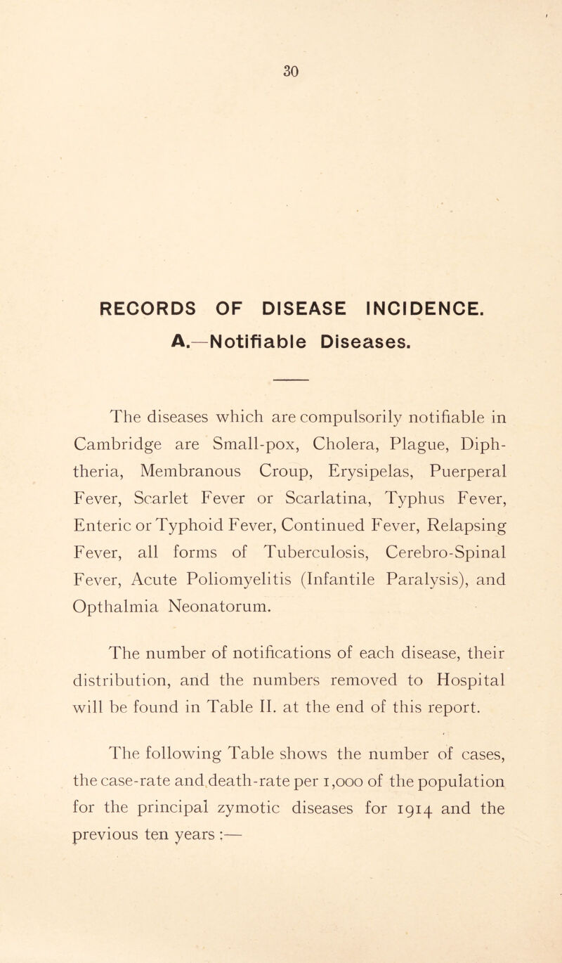 RECORDS OF DISEASE INCIDENCE. A.—Notifiable Diseases. The diseases which are compulsorily notifiable in Cambridge are Small-pox, Cholera, Plague, Diph- theria, Membranous Croup, Erysipelas, Puerperal Fever, Scarlet Fever or Scarlatina, Typhus Fever, Enteric or Typhoid Fever, Continued Fever, Relapsing Fever, all forms of Tuberculosis, Cerebro-Spinal Fever, Acute Poliomyelitis (Infantile Paralysis), and Opthalmia Neonatorum. The number of notifications of each disease, their distribution, and the numbers removed to Hospital will be found in Table II. at the end of this report. The following Table shows the number of cases, the case-rate and death-rate per 1,000 of the population for the principal zymotic diseases for 1914 and the previous ten years :—