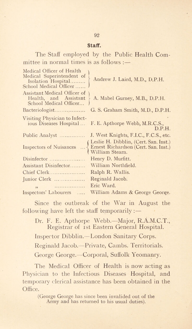 Staff. The Staff employed by the Public Health Com- mittee in normal times is as follows : — Medical Officer of Health ^ Medical Superintendent of ! Isolation Hospital [ School Medical Officer i Assistant Medical Officer of ) Health, and Assistant j- School Medical Officer... J Andrew J. Laird, M.D., D.P.H. A. Mabel Gurney, M.B., D.P.H. Bacteriologist G. S. Graham Smith, M.D., D.P.H. Visiting Physician to Infect- ious Diseases Hospital... F. E. Apthorpe Webb, M.R.C.S., D.P.H. Public Analyst Inspectors of Nuisances Disinfector Assistant Disinfector.... Chief Clerk Junior Clerk >> Inspectors’ Labourers J. West Knights, F.I.C., F.C.S., etc. Leslie H. Dibblin, (Cert. San. Inst.) Ernest Richardson (Cert. San. Inst.) William Stearn. Henry D. Murhtt. William Northfield. Ralph R. Wallis. Reginald Jacob. Eric Ward. William Adams & George George. Since the outbreak of the War in August the following have left the staff temporarily : — Dr. F. E. Apthorpe Webb.—Major, R.A.M.C.T., Registrar of ist Eastern General Hospital. Inspector Dibblin.— London Sanitary Corps. Reginald Jacob.—Private, Cambs. Territorials. George George.—Corporal, Suffolk Yeomanry. The Medical Officer of Health is now acting as Physician to the Infectious Diseases Hospital, and temporary clerical assistance has been obtained in the Office. (George George has since been invalided out of the Army and has returned to his usual duties).