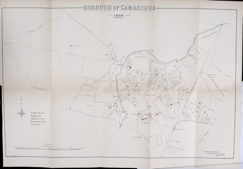 mmmGM of cambrsd©! 19 0 8 Observatory Victoria Bridge Pumping Station” Jesus Green Christ's -Piece/. Parker’s Piece -Small Bridge Scarlet Fever. Diphtheria Typhoid Fever. Puerperal Fever. Erysipelas. li~H~r rrsTTf Railway Station Stono Bridge CATTLE MARKET Six incites to scooFtit