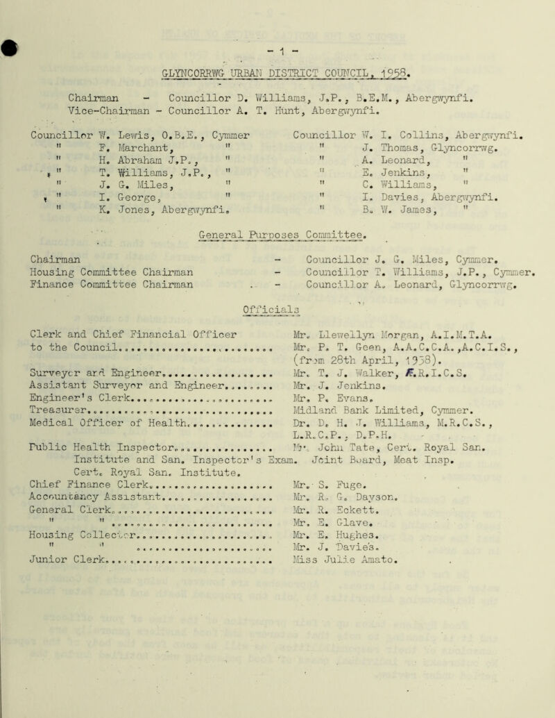 GLYNCORRWG URBAN DISTRICT COUNCIL. 1958. Chairman - Councillor D. Williams, J.P., B.E.M., Abergwynfi. Vice-Chairman - Councillor A. T. Hunt, Abergwynfi. Councillor W. Lewis, O.B.E., Cymmer Councillor W. I. Collins, Abergwynfi. 1! F, Marchant,  !1 J. Thomas, Glyncorrwg. 11 H. Abraham J.P.,  !» A. Leonard,  11 T. Williams, J.P.,  E. Jenkins,  J. G, Miles,  11 C. Williams,  11 I. George,  11 I. Davies, Abergwynfi. ft K. Jones, Abergwynfi. 11 B. W. James,  General Purposes Committee. Chairman - Councillor J. G, Miles, Cymmer. Housing Committee Chairman - Councillor T. Williams, J.P., Cymmer. Finance Committee Chairman . - Councillor A. Leonard, Glyncorrwg. Officials Clerk and Chief Financial Officer to the Council. Surveyor ard Engineer. Assistant Surveyor and Engineer........ Engineer’s Clerk....................... Treasurer, Medical Officer of Health.............. Fublic Health Inspector, Institute and San. Inspector's E Cert. Royal San, Institute. Chief Finance Clerk. Accountancy Assistant.................. General Clerk. ... I! It Housing Collector,. , II it Junior Clerk......... Mr. Llewellyn Morgan, A. I.M.T.A. Mr; P. T, Geen, A.A. C* C.A. ,A.C.I. S., (fr:>m 28th April, 1938)* Mo. T. J. Walker, /F.R.I.C.S. Mr. J. Jenkins. Mr, P, Evans. Midland Bank Limited, Cymmer. Dr. D, H. J. Williams, M.R.C.S., L.R.C.P. , D.P.H. Mr John Tate, Cert. Royal San. 1. Joint Board, Meat Insp. Mr. - S. Fuge. Mr. R, G. Dayson. Mr. R. Eckett. Mr, E. Glave, Mr. E» Hughes. Mr, J. 'Davies- Miss Julie Amato.