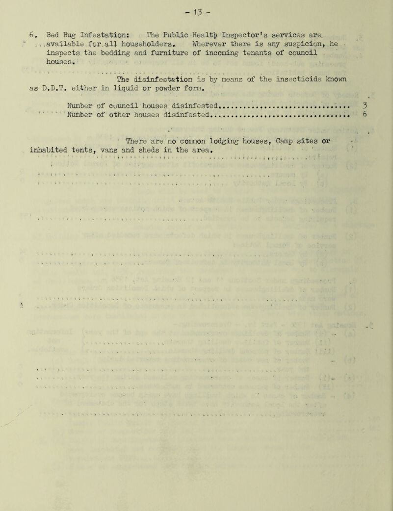 6. Bed Bug Infestation: The Public Health Inspector's services are. ...available foh.alf householders. Wherever there is any suspicion, he ■ inspects the bedding and furniture of incoming tenants of council houses* ... The disinfestation is by means of the insecticide known as D.D.T. either in liquid or powder form. Number of council houses disinfested... 3 Number of other houses disinfested 6 There are no common lodging houses, Camp sites or inhabited tents, vans and sheds in the area.