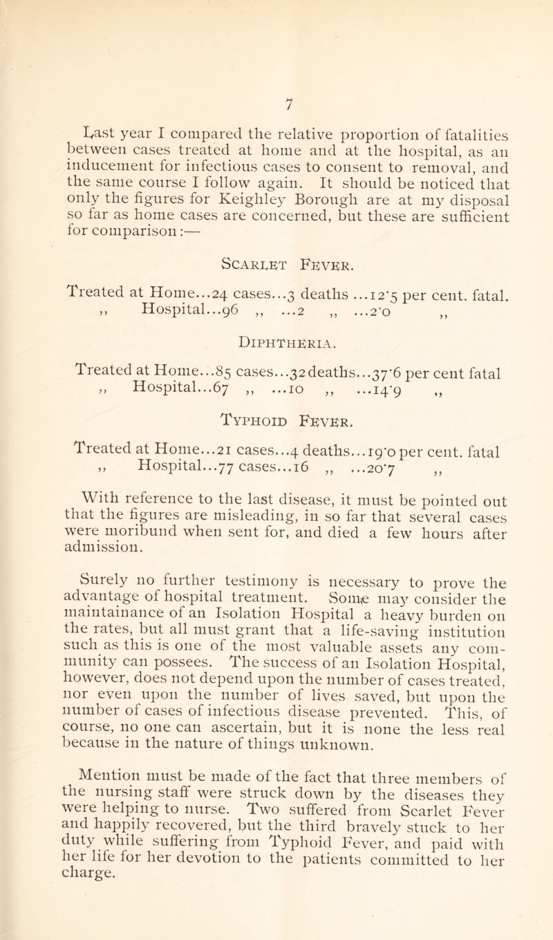 lyast year I compared the relative proportion of fatalities between cases treated at home and at the hospital, as an inducement for infectious cases to consent to removal, and the same course I follow again. It should be noticed that only the figures for Keighley Borough are at my disposal so far as home cases are concerned, but these are sufficient for comparison:— Scarlet Fever. Treated at Home...24 cases...3 deaths ...12-5 per cent, fatal. >> Hospital... 96 ,, ...2 ,, ...2 o ,, Diphtheria. Treated at Home...85 cases...32deaths...37*6 per cent fatal „ Hospital. ..67 ,, ...10 ,, ...14-9 Typhoid Fever. Treated at Home...21 cases...4 deaths... 19*0per cent, fatal ,, Hospital...77 cases...16 ,, ...207 ,, With reference to the last disease, it must be pointed out that the figures are misleading, in so far that several cases were moribund when sent for, and died a few hours after admission. Surely no further testimony is necessary to prove the advantage ot hospital treatment. Some may consider the maintainance of an Isolation Hospital a heavy burden on the rates, but all must grant that a life-saving institution such as this is one of the most valuable assets any com¬ munity can possees. The success of an Isolation Hospital, however, does not depend upon the number of cases treated, nor even upon the number of lives saved, but upon the number of cases of infectious disease prevented. This, of course, no one can ascertain, but it is none the less real because in the nature of things unknown. , Mention must be made of the fact that three members of the nursing staff were struck down by the diseases they were helping to nurse. Two suffered from Scarlet Fever and happily recovered, but the third bravely stuck to her duty while suffering from Typhoid Fever, and paid with her life for her devotion to the patients committed to her charge.