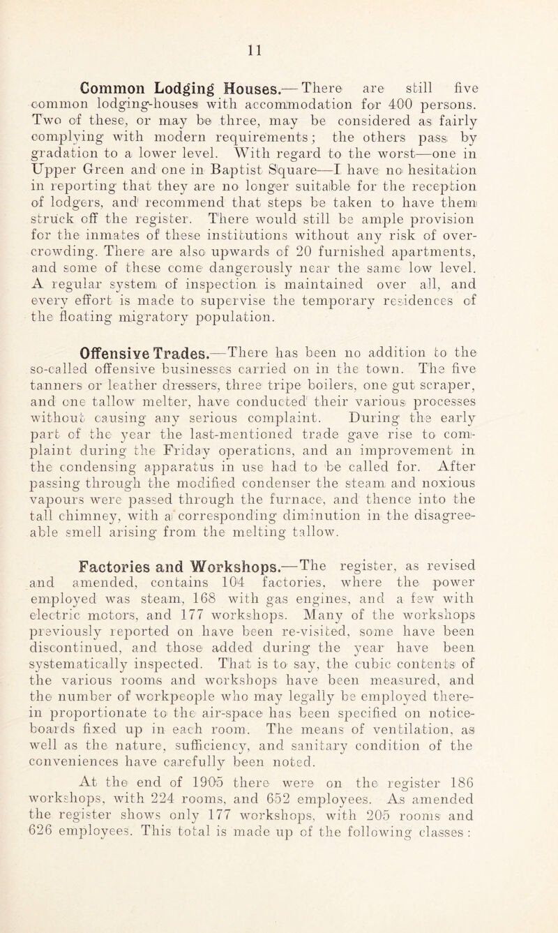 Common Lodging Houses.— There are still five common lodging-houses with accommodation for 400 persons. Two of these, or may be three, may be considered as fairly complying with modern requirements; the others pass, by gradation to a lower level. With regard to the worst—one in Upper Green and one in Baptist S'quare—I have no hesitation in reporting that they are no longer suitable for the reception of lodgers, and recommend that steps be taken to have them struck off the register. There would still be ample provision for the inmates of these institutions without any risk of over¬ crowding. There are also upwards of 20 furnished apartments, and some of these come dangerously near the same low level. A regular system, of inspection is maintained over all, and every effort is made to supervise the temporary residences of the floating migratory population. Offensive Trades.—There has been no addition to the so-called offensive businesses carried on in the town. The five tanners or leather dressers, three tripe boilers, one gut scraper, and one tallow melter, have conducted1 their various processes without causing any serious complaint. During the early part of the year the last-mentioned trade gave rise to com¬ plain t during the Friday operations, and an improvement in the condensing apparatus in use had to be called for. After passing through the modified condenser the steam and noxious vapours were passed through the furnace, and thence into the tall chimney, with ai'corresponding diminution in the disagree¬ able smell arising from the melting tallow. Factories and Workshops.—The register, as revised and amended, contains 104 factories, where the power employed was steam, 168 with gas engines, and a few with electric motors, and 177 workshops. Many of the workshops previously reported on have been re-visited, some have been discontinued, and those added during the year have been systematically inspected. That is to* say, the cubic contents of the various rooms and workshops have been measured, and the number of workpeople who may legally be employed there¬ in proportionate to the air-space has been specified on notice- boards fixed up in each room. The means of ventilation, as well as the nature, sufficiency, and sanitary condition of the conveniences have carefully been noted. At the end of 1905 there were on the register 186 o workshops, with 224 rooms, and 652 employees. As amended the register shows only 177 workshops, with 205 rooms and 626 employees. This total is made up of the following classes :
