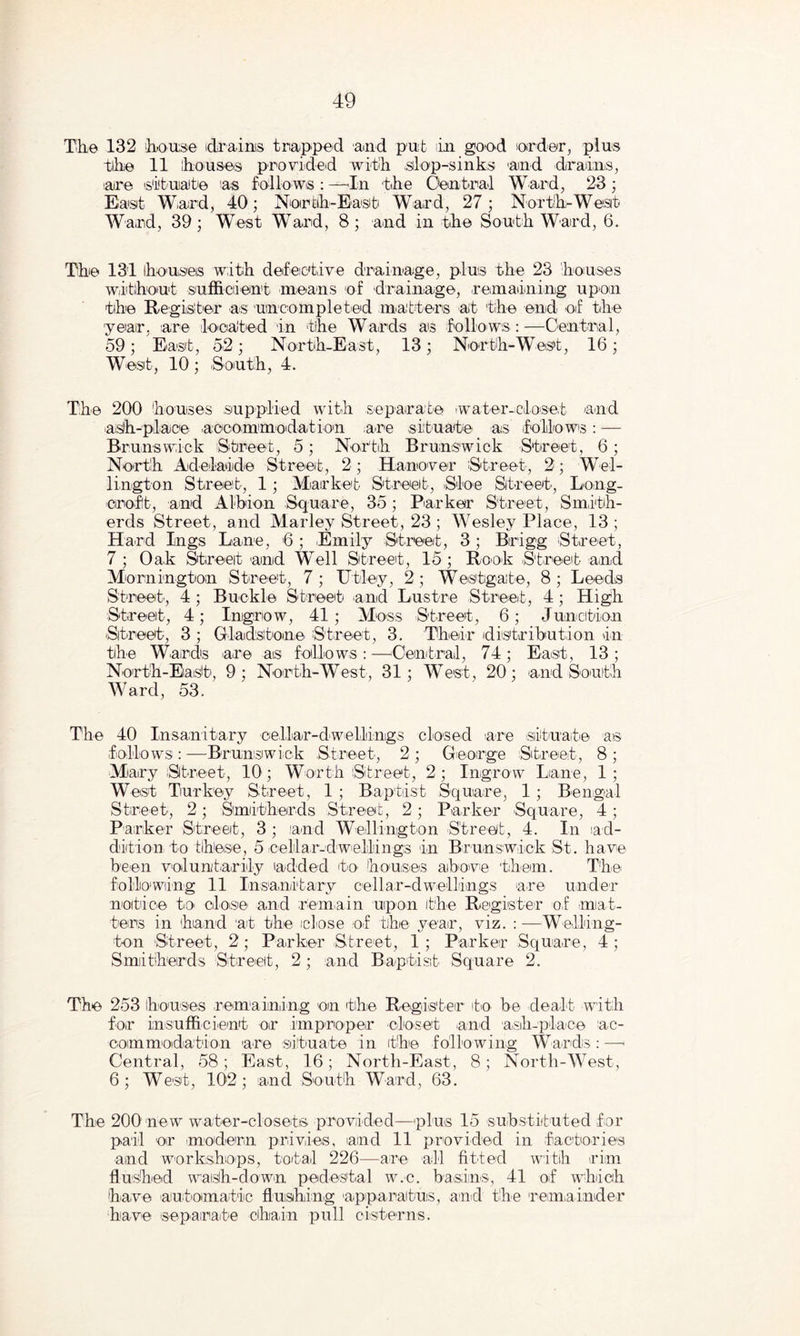The 132 house clraihis trapped and put iin good order, plus the 11 houses provided with slop-sinks 'and drains, •are 'situate as follows : —In the Central Ward, 23 ; East Ward, 40; North-East Ward, 27; North-West Ward, 39; West Ward, 8; and in the South Ward, 6. The 131 houses with defective drainage, plus the 23 houses without sufficient means of drainage, remaining upon the Register as uncompleted matters at the end oif the year, are located in the Wards as follows:—Central, 59; East, 52; North-East, 13; North-West, 16; West, 10; South, 4. The 200 houses supplied with separate water-closec ancl ash-place accommodation are situate as follows: — Brunswick Street, 5; North Brunswick Street, 6; North Adelaide Street, 2; Hanover Street, 2; Wel¬ lington. Street, 1; Market Street, Sloe Street, Long- croft, and Albion Square, 35; Parker Street, Smitih- erds Street, and Marley Street, 23; Wesley Place, 13; Hard Ings Lane, 6 ; Emily Street, 3 ; Birigg Street, 7 ; Oak Street and Well Street, 15 ; Rook Street and Mornington Street, 7 ; Utley, 2 ; Westgate, 8 ; Leeds Street', 4; Buckle Street and Lustre Street, 4; High Street, 4; Ingrow, 41; Moss Street, 6; Junction Street, 3 ; Gladstone Street, 3. Their distribution in the Wards are ais follows:—'Central, 74; East, 13; North-East, 9; North-West, 31; West, 20; and South Ward, 53. The 40 Insanitary cellar-dwellings closed are situate as follows : —Brunswick Street, 2 ; George Street, 8 ; Mary Street, 10; Worth Street, 2; Ingrow Lane, 1; West Turkey Street, 1 ; Baptist Square, 1 ; Bengal Street, 2; Smiitherds Street, 2; Parker Square, 4; Parker Street, 3 ; and Wellington Street, 4. In ad¬ dition to these, 5 cellar-dwellings in Brunswick St. have been voluntarily added to houses above them. The following 11 Insanitary cellar-dwellings are under notice to close and remain upon the Register of mat¬ ters in 'hand at the close of the year, viz. :—Welling¬ ton Street, 2; Parker Street, 1; Parker Square, 4; Smiitherds Street, 2 ; and Baptist Square 2. The 253 houses remaining on the Register to be dealt with for insufficient or improper closet .and asih-place ac¬ commodation are situate in the following Wards: —■ Central, 58 ; East, 16; North-East, 8; North-West, 6; West, 102; and South Ward, 63. The 200 new water-closets provided—plus 15 substituted for pail or modern privies, and 11 provided in factories and workshops, total 226—-are all fitted with rim flushed waish-down pedestal w.c. basins, 41 of which have automatic flushing apparatus, and the remainder have separate chain pull cisterns.