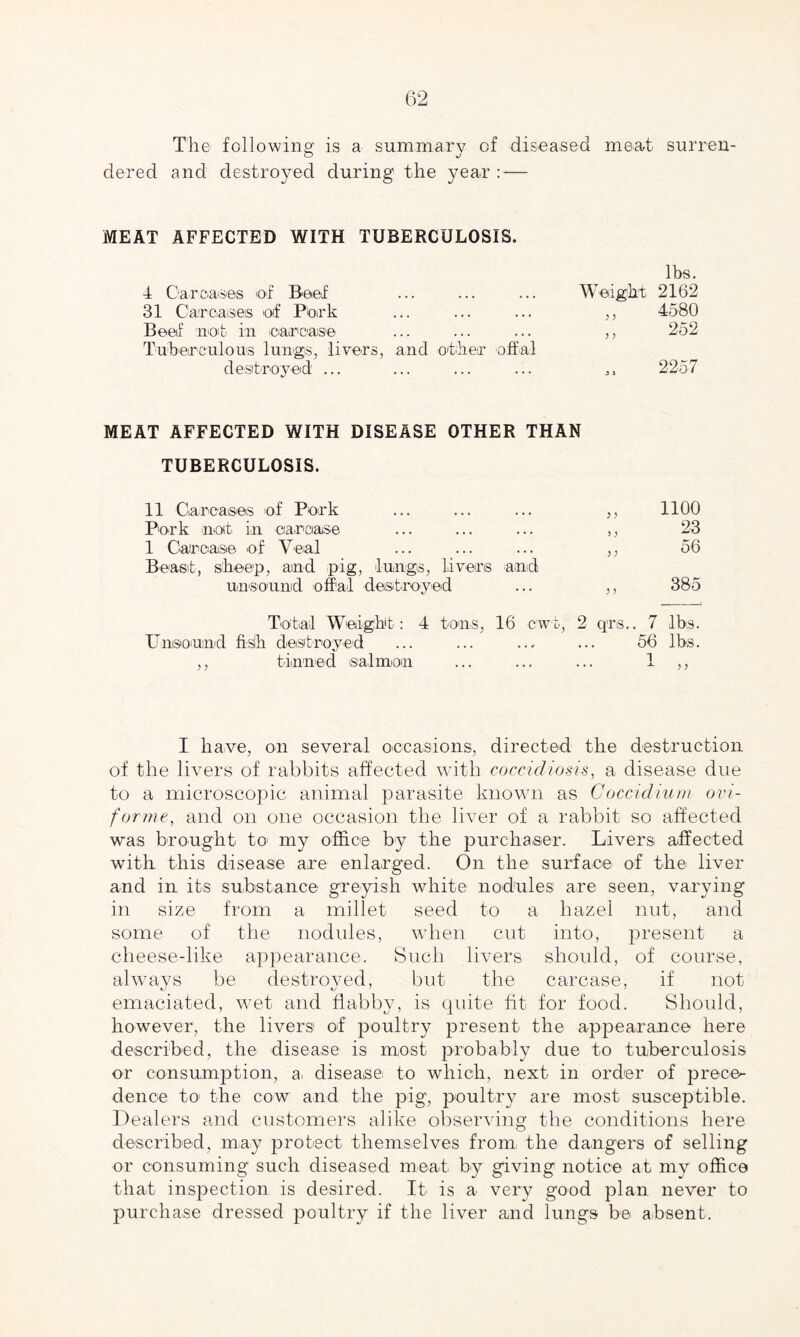 The following is a summary of diseased meat surren¬ dered and destroyed during the year : — MEAT AFFECTED WITH TUBERCULOSIS. 4 Car cases of Beef 31 Carcases of Pork Beef not in oar case Tuberculous lungs, livers, and other offal destroyed ... lbs. Weight 2162 4580 252 2257 ;) MEAT AFFECTED WITH DISEASE OTHER THAN TUBERCULOSIS. 11 Carcases of Pork Pork not in carcase 1 Carcase of Veal Beast, sheep, and pig, lungs, livers and unsound offal destroyed )) 1100 23 56 385 Total Weight : 4 tons, 16 cwt, 2 qrs.. 7 lbs. Unsound ffsih destroyed ... ... ... ... 56 lbs. ,, tinned salmon ... ... ... 1 ,, I have, on several occasions, directed the destruction of the livers of rabbits affected with coccidiosis, a disease due to a microscopic animal parasite known as Coccidium ovi- forme, and on one occasion the liver of a rabbit so affected was brought to my office by the purchaser. Livers affected with this disease are enlarged. On the surface of the liver and in its substance greyish white nodules are seen, varying in size from a millet seed to a hazel nut, and some of the nodules, when cut into, present a cheese-like appearance. Such livers should, of course, always be destroyed, but the carcase, if not emaciated, wet and flabby, is quite fit for food. Should, however, the livers1 of poultry present the appearance here described, the disease is must probably due to tuberculosis or consumption, a. diseasei to which, next in order of prece¬ dence to the cow and the pig, poultry are most susceptible. Dealers and customers alike observing the conditions here described, may protect themselves from the dangers of selling or consuming such diseased meat by giving notice at my office that inspection is desired. It is a very good plan never to purchase dressed poultry if the liver and lungs be absent.