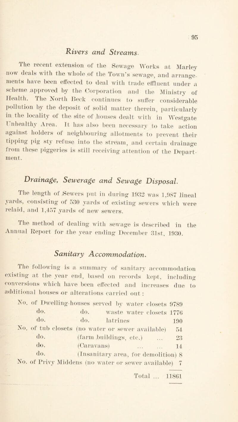 Rivers and Streams. The recent extension of the Sewage Works at Marley now deals with the whole ,of the rlown?s sewage? and arrange¬ ments have been effected to deal with trade effluent under a scheme .approved by the Corporation and the Ministry of Health. The North Beck continues to suffer considerable pollution by the deposit of solid matter therein, particularly in the locality of the site of houses dealt with in Westgate Unhealthy A i ea. It lias1 also been necessary to take action against holders of neighbouring allotments1 to prevent their tipping pig sty refuse into the stream, and certain drainage from these piggeries is still receiving attention of the Depart¬ ment. Drainage, Sewerage and Sewage Disposal. The length of ,Sewers, put in during 1932 was 1,987 lineal yai ds, consisting of 530 yards of existing' sewers which were relaid, and 1,457 yards of new sewers. 1 he method of dealing with sewage is described in the Annual Report for the year ending December 31st, 1930. Sanitary Accommodation. The following is a summary of sanitary accommodation existing at the year end, based on records kept, including conversions which have been effected and increases due to additional houses or alterations carried out : No. of Dwelling-houses served by water closets 9789 do. do. waste water closets 1776 do. do. latrines 190 No. of tub closets (no water or sewer available) 54 do. (farm buildings, etc.) ... 23 do. (Caravans) ... ... 14 do. (Insanitary area, for demolition) 8 No. of Privy Middens (no water or sewer available) 7 Total ... 11861