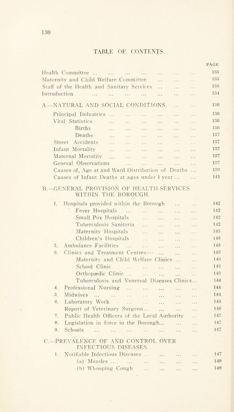 TABLE OF CONTENTS. PAGE Health Committee ... ... ... ... ... ... ... 133 Maternity and Child Welfare Committee ... ... ... 133 Staff of the Health and Sanitary Services ... ... ... 133 Introduction ... ... ... ... ... ... ... 134 A. —NATURAL AND SOCIAL CONDITIONS . 136 Principal Industries ... ... ... ... ... ... 136 Vital Statistics ... ... ... ... ... ... 136 Births ... ... ... ... ... ... 136 Deaths . 137 Street Accidents ... ... ... ... .. ... 137 Infant Mortality ... ... ... ... ... ... 137 Maternal Mortality ... ... ... ... ... ... 137 General Observations ... ... ... ... ... 137 Causes of, Age at and Ward Distribution of Deaths ... 130 Causes of Infant Deaths at ages under 1 year ... ... 141 B. — GENERAL PROVISION OF HEALTH SERVICES WITHIN THE BOROUGH. 1. Hospitals provided within the Borough ... ... 142 Fever Hospitals ... ... ... ... ... 142 Small Pox Hospitals ... ... ... ... 142 Tuberculosis Sanitoria ... ... ... ... 142 Maternity Hospitals ... ... ... ... 143 Children’s Hospitals ... ... ... ... 143 2. Ambulance Facilities ... ... ... ... ... 143 3. Clinics and Treatment Centres:— ... ... ... 143 Maternity and Child Welfare Clinics ... ... 143 School Clinic ... ... ... ... ... 143 Orthopaedic Clinic ... ... ... ... ... 143 Tuberculosis and Venereal Diseases Clinics... 144 4. Professional Nursing ... ... ... ... ... 144 5. Midwives ... ... ... ... ... ... ... 144 6. Laboratory Work ... ... ... ... ... 144 Report of Veterinary Surgeon... ... ... ... 146 7. Public Health Officers of the Local Authority ... 147 8. Legislation in force in the Borough... ... ... 147 9. Schools ... ... ... ... ... ... ... 147 C. —PREVALENCE OF AND CONTROL OVER INFECTIOUS DISEASES. 1. Notifiable Infectious Diseases ... ... ... ... 147 (a) Measles ... ... ... ... ... ... 148 (b) Whooping Cough ... ... ... ... 148