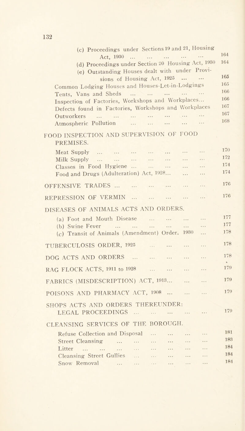 (c) Proceeding's under Sections 19 and 21, Housing Act, 1930 ... (d) Proceedings under Section 20 Housing Act, 1930 (e) Outstanding Houses dealt with under Provi¬ sions of Housing Act, 1925 Common Lodging Houses and Houses-Let-in-Lodgings Tents, Vans and Sheds Inspection of Factories, Workshops and Workplaces... Defects found in Factories, Workshops and Woikplaces Outworkers Atmospheric Pollution 164 164 165 165 166 166 167 167 168 FOOD INSPECTION AND SUPERVISION OF FOOD PREMISES. Meat Supply ... ••• ••• . Milk Supply . Classes in Food Hygiene. Food and Drugs (Adulteration) Act, 1928. OFFENSIVE TRADES. REPRESSION OF VERMIN . DISEASES OF ANIMALS ACTS AND ORDERS. (a) Foot and Mouth Disease . (b) Swine Fever (c) Transit of Animals (Amendment) Order, 1930 TUBERCULOSIS ORDER, 1925 . DOG ACTS AND ORDERS RAG FLOCK ACTS, 1911 to 1928 . FABRICS (MISDESCRIPTION) ACT, 1913... POISONS AND PHARMACY ACT, 1908 ... SHOPS ACTS AND ORDERS THEREUNDER: LEGAL PROCEEDINGS . CLEANSING SERVICES OF THE BOROUGH. Refuse Collection and Disposal . Street Cleansing Litter Cleansing Street Gullies Snow Removal 181 183 184 184 184