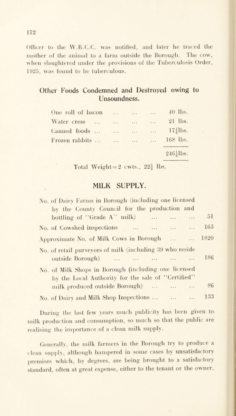 Officer to the W.R.C.C. was notified, and later he traced the mother of the animal to a farm outside the Borough. The cow, when slaughtered under the provisions of the Tuberculosis Order, 1925, was found to he tuberculous. Other Foods Condemned and Destroyed owing to Unsoundness. One roll of bacon Water cress Canned foods ... Frozen rabbits ... 40 lbs. 21 lbs. 17 Jibs. 168 lbs. 246-Jlbs. Total Weight — 2 cwts., 22J- lbs. MILK SUPPLY. No. of Dail y Farms in Borough (including one licensed by the County Council for the production and bottling of “Grade A” milk) ... ... ... 51 No. of Cowshed inspections . 103 Approximate No. of Milk Cows in Borough . 1820 No. of retail purveyors of milk (including 39 who reside outside Borough) ... ... ... ... ... 186 No. of Milk Shops in Borough (including one licensed by the Local Authority for the sale of “Certified” milk produced outside Borough) ... ... ... 86 No. of Dairy and Milk Shop Inspections ... ... ... 133 During the last few years much publicity has been given to milk production and consumption, so much so that the public are realising the importance of a clean milk supply. Generally, the milk farmers in the Borough try to produce a clean supply, although hampered in some cases by unsatisfactory premises which, by degrees, are being brought to a satisfactory standard, often at great expense, either to the tenant or the owner.