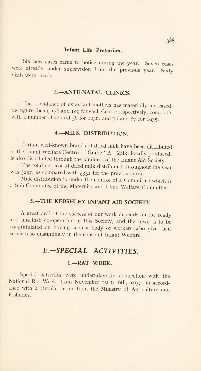 Infant Life Protection. Six new cases came to notice during the year. Seven cases were already under supervision from the previous year. Sixty visits were made. 3. —ANTE-NATAL CLINICS. The attendance of expectant mothers has materially increased, the figures being 176 and 189 for each Centre respectively, compared with a number of 72 and 56 for 1936* and 76 and 87 for 1935. 4. —MILK DISTRIBUTION. Certain well-known brands of dried milk have been distributed at the Infant W elfare Centres. Grade A Milk, locally produced, is also distributed through the kindness of the Infant Aid Society. 3 he total net cost of dried milk distributed throughout the year was £257, as compared with £331 for the previous year. Milk distribution is under the control of a Committee which is a Sub-Committee of the Maternity and Child Welfare Committee. 5.—THE KEIGHLEY INFANT AID SOCIETY. A great deal of the success of our work depends on the ready and unselfish co-operation of this Society, and the town is to be congratulated on having such a body of workers who give their services so unstintingiy in the cause of Infant Welfare. E.—SPECIAL ACTIVITIES. 1.—RAT WEEK. Special activities were undertaken in connection with the National Rat Week, from November 1st to 6th, 1937, in accord¬ ance with a circular letter from the Ministry of Agriculture and Fisheries.