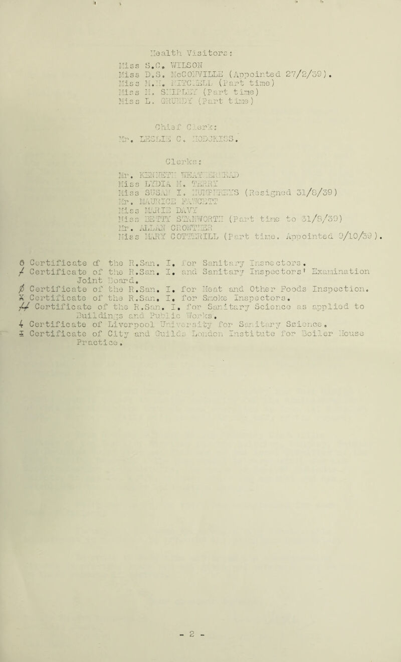 Health Visitors; Miss S.G. WILSON Miss DoS, McC0ITVILLS (Appointed 27/2/39). Miss M.H. MITCl ilJjXj L (Part time) Miss H, SHIPS ,Y (Part time) Miss Lo G-RUUD'Y (part time) Chief Clerk; Mr. LESLIE C. IIOBCRISS. Clerks; Mr. KENNETH MEAT: MALM) Miss LYDIA M. TERRY Miss SUSAN I, IIUHPIYEYS (Resigned 31/8/39) Mr. MAURICE FAWCETT Mi s s I1AR IE DAVY Miss BETTY STANWORTII (Part time to 31/3/39) Mr. ALLAN CROWTHSR Miss MARY COTTERILL (Part time. Appointed 9/10/39). 0 Certificate cf the R.San. I. for Sanitary Inspectors. / Certificate of the R.San. I. and Sanitary Inspectors’ Examination Joint Board. / Certificate of the R.San. I. for Meat and Other Foods Inspection. X Certificate of the R.San. I. for Smoke Inspectors. U Cert ificate of the R.San. I, for Sanitary Science as applied to Buildings and Public Works. 1 Certificate of Liverpool University for Sanitary Science. 5 Certificate of City and Guilds London Institute for Boiler Mouse Practice.