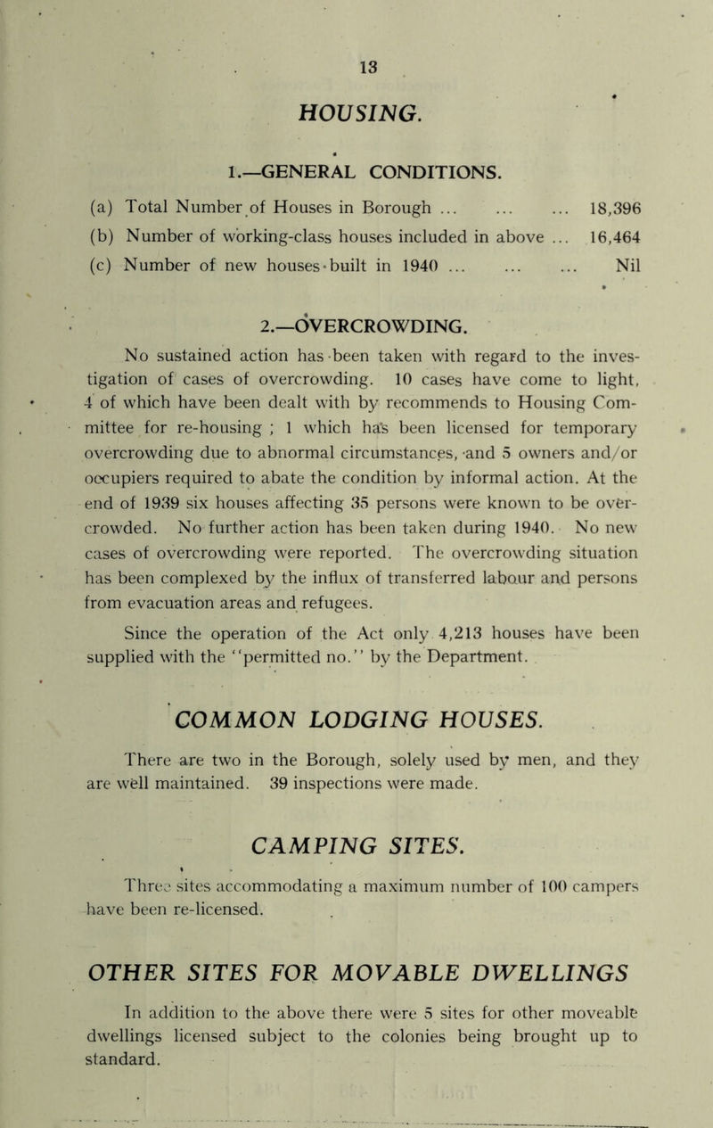 HOUSING. 1.—GENERAL CONDITIONS. (a) Total Number of Houses in Borough ... ... ... 18,396 (b) Number of working-class houses included in above ... 16,464 (c) Number of new houses‘built in 1940 ... ... ... Nil 2.—OVERCROWDING. No sustained action has-been taken with regard to the inves- tigation of cases of overcrowding. 10 cases have come to light, 4 of which have been dealt with by recommends to Housing Com- mittee for re-housing ; 1 which ha's been licensed for temporary overcrowding due to abnormal circumstances, -and 5 owners and/or occupiers required to abate the condition by informal action. At the end of 1939 six houses affecting 35 persons were known to be over- crowded. No further action has been taken during 1940. No new cases of overcrowding were reported. The overcrowding situation has been complexed by the influx of transferred labour and persons from evacuation areas and refugees. Since the operation of the Act only 4,213 houses have been supplied with the “permitted no.” by the Department. COMMON LODGING HOUSES. There are two in the Borough, solely used by men, and they are well maintained. 39 inspections were made. CAMPING SITES. % Three sites accommodating a maximum number of 100 campers have been re-licensed. OTHER SITES FOR MOVABLE DWELLINGS In addition to the above there were 5 sites for other moveable dwellings licensed subject to the colonies being brought up to standard.
