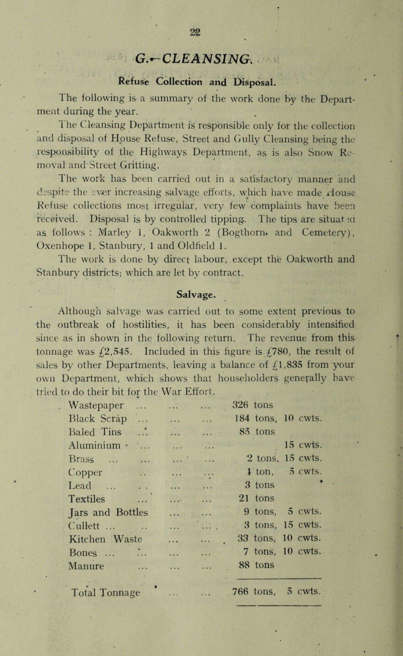 G.^CLEANSING,^ ^ Refuse Collection and Disposal. The tollovving is- a summary of the work done by the Depart- ment during the year. I he Cleansing Department is responsible only for the collection and disposal of House Refuse, Street and Gully Cleansing being the responsibility of the Highways Department, as is also Snow Re- moval and\Street (iritting. The work has been carried out in a satisfactory manner and despite the ever increasing salvage efforts, which have made xdouse Refuse collections most irregular, very few complaints have been received. Disposal is by controlled tipping. The tips are situatid as follows : Marley 1, Oakworth 2 (Bogthorn. and Cemetery), Oxenhope 1, Stanbury, 1 and Oldheld 1. The work is done by direct labour, except the Oakworth and Stanbury districts; which are let by contract. Salvage. Although salvage was carried out to some extent previous to -the outbreak of hostilities, it has been considerably intensified since as in shown in the following return. The revenue from this tonnage was £2,545. Included in this figure is £780, the result of sales by other Departments, leaving a balance of £1,835 from your own Department, which shows that householders generally have tried to do their bit for the War Effort. Wastepaper Black Scrap ... Baled Tins Aluminium ’ Brass C'opper Lead Textiles Jars and Bottles C'ullett ... Kitchen Waste Bones ... Manure Total Tonnage 326 tons 184 tons, 10 cwts. 85 tons 15 cwts. 2 tons, 15 cwts. 1 ton, 5 cwts. 3 tons 21 tons 9 tons, 5 cwts. 3 tons, 15 cwts. 33 tons, 10 cwts. 7 tons, 10 cwts. 88 tons 766 tons, 5 cwts.