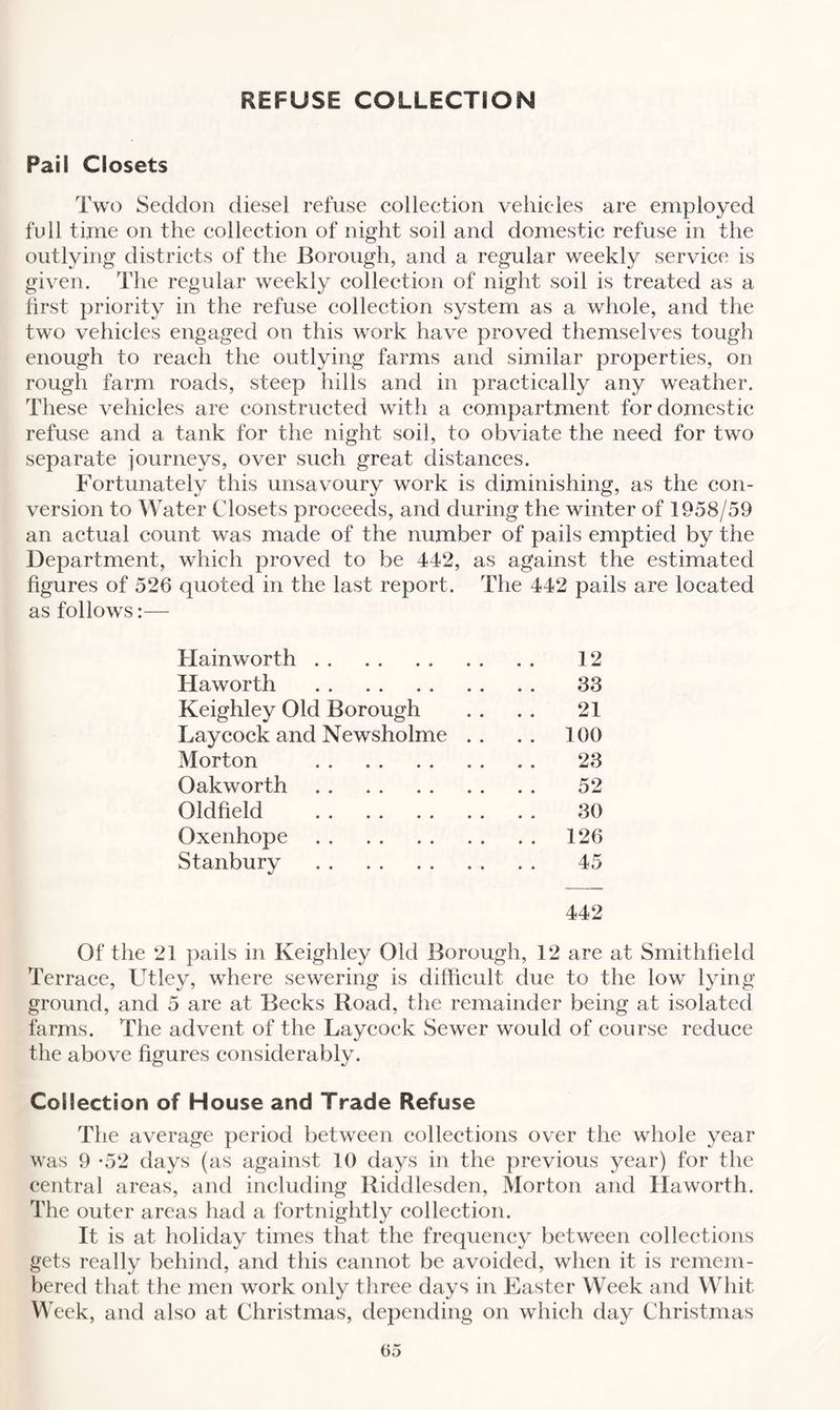REFUSE COLLECTION Pail Closets Two Seddon diesel refuse colleefion vehicles are employed full time on the collection of night soil and domestic refuse in the outlying districts of the Borough, and a regular weekly service is given. The regular weekly collection of night soil is treated as a first priority in the refuse collection system as a whole, and the two vehicles engaged on this work have proved themselves tough enough to reach the outlying farms and similar properties, on rough farm roads, steep hills and in practically any weather. These vehicles are constructed with a compartment for domestic refuse and a tank for the night soil, to obviate the need for two separate journeys, over such great distances. Fortunately this unsavoury work is diminishing, as the con¬ version to Water Closets proceeds, and during the winter of 1958/59 an actual count was made of the number of pails emptied by the Department, which proved to be 442, as against the estimated figures of 526 quoted in the last report. The 442 pails are located as follows:— Hainworth. 12 Haworth . 33 Keighley Old Borough . . . . 21 Laycock and Newsholme .. .. 100 Morton . 23 Oakworth. 52 Oldfield . 30 Oxenhope. 126 Stanbury . 45 442 Of the 21 pails in Keighley Old Borough, 12 are at Smithfield Terrace, Utley, where sewering is difficult due to the low lying ground, and 5 are at Becks Road, the remainder being at isolated farms. The advent of the Laycock Sewer would of course reduce the above figures considerably. Collection of House and Trade Refuse The average period between collections over the whole year was 9 *52 days (as against 10 days in the previous year) for the central areas, and including Riddlesden, Morton and Haworth. The outer areas had a fortnightly collection. It is at holiday times that the frequency between collections gets really behind, and this cannot be avoided, when it is remem¬ bered that the men work only three days in Easter Week and Whit Week, and also at Christmas, depending on which day Christmas