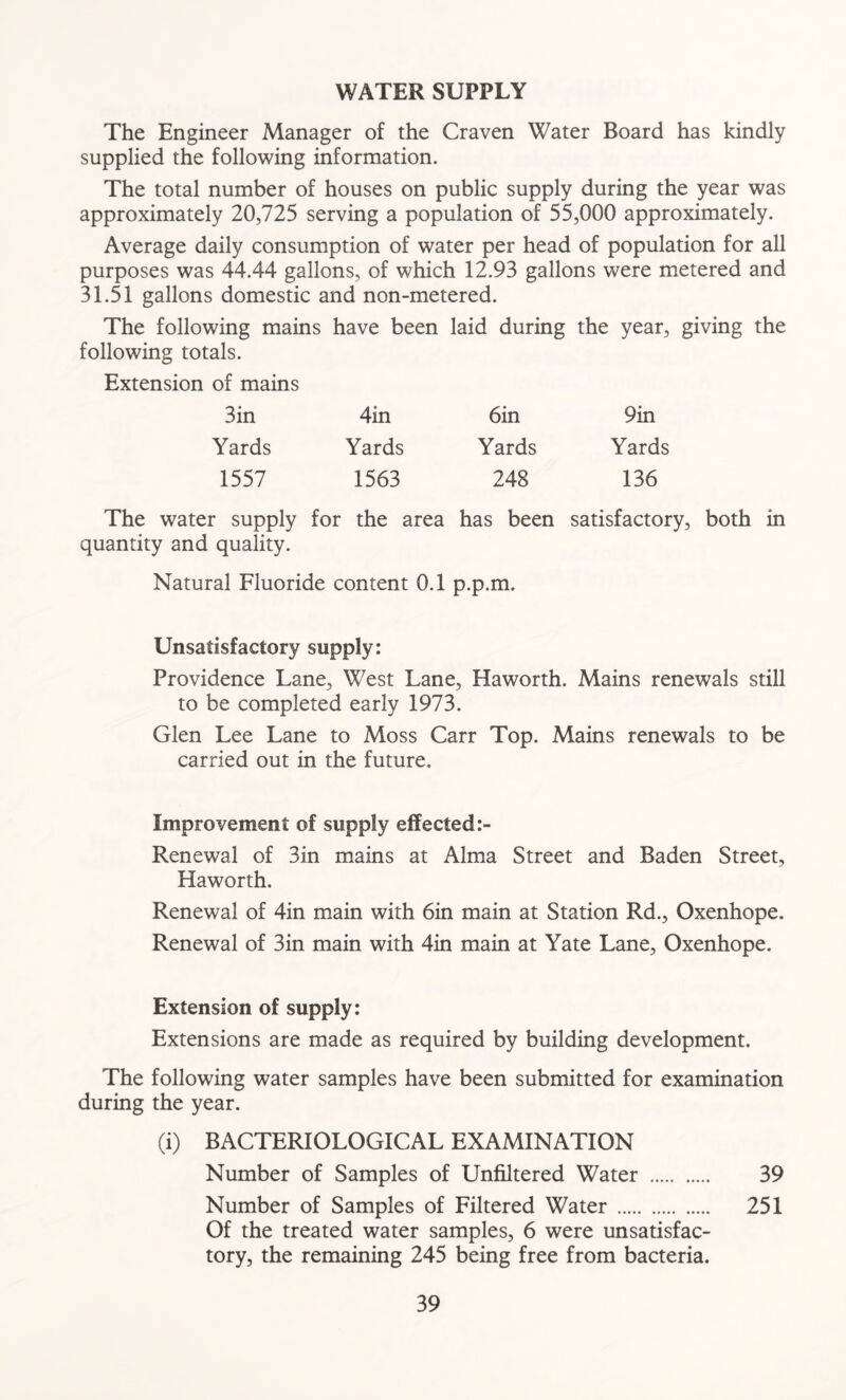 WATER SUPPLY The Engineer Manager of the Craven Water Board has kindly supplied the following information. The total number of houses on public supply during the year was approximately 20,725 serving a population of 55,000 approximately. Average daily consumption of water per head of population for all purposes was 44.44 gallons, of which 12.93 gallons were metered and 31.51 gallons domestic and non-metered. The following mains have been laid during the year, giving the following totals. Extension of mains 3in 4in 6in 9in Yards Yards Yards Yards 1557 1563 248 136 The water supply for the area has been satisfactory, both in quantity and quality. Natural Fluoride content 0.1 p.p.m. Unsatisfactory supply: Providence Lane, West Lane, Haworth. Mains renewals still to be completed early 1973. Glen Lee Lane to Moss Carr Top. Mains renewals to be carried out in the future. Improvement of supply effected Renewal of 3in mains at Alma Street and Baden Street, Haworth. Renewal of 4in main with 6in main at Station Rd., Oxenhope. Renewal of 3in main with 4in main at Yate Lane, Oxenhope. Extension of supply: Extensions are made as required by building development. The following water samples have been submitted for examination during the year. (i) BACTERIOLOGICAL EXAMINATION Number of Samples of Unfiltered Water 39 Number of Samples of Filtered Water 251 Of the treated water samples, 6 were unsatisfac- tory, the remaining 245 being free from bacteria.