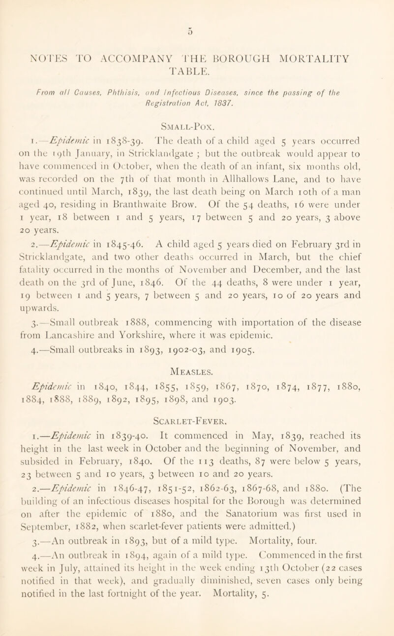 0 NOTES TO ACCOMPANY THE BOROUGH MORTALITY TABLE. From all Causes, Phthisis, and Infectious Diseases, since the passing of the Registration Act, 1837. Small-Pox. 1. —Epidemic in 1838-39. The death of a child aged 5 years occurred on the 19th January, in Stricklandgate ; but the outbreak would appear to have commenced in October, when the death of an infant, six months old, was recorded on the 7th of that month in Allhallows Lane, and to have continued until March, 1839, the last death being on March 10th of a man aged 40, residing in Branthwaite Brow. Of the 54 deaths, 16 were under 1 year, 18 between 1 and 5 years, 17 between 5 and 20 years, 3 above 20 years. 2. —Epidemic in 1845-46. A child aged 5 years died on February 3rd in Stricklandgate, and two other deaths occurred in March, but the chief fatality occurred in the months of November and December, and the last death on the 3rd of June, 1846. Of the 44 deaths, 8 were under 1 year, 19 between 1 and 5 years, 7 between 5 and 20 years, 10 of 20 years and upwards. 3. —Small outbreak 1888, commencing with importation of the disease from Lancashire and Yorkshire, where it was epidemic. 4. —Small outbreaks in 1893, 1902-03, and 1905. Measles. Epidemic in 1840, 1844, 1855, 1859, 1867, 1870, 1874, 1877, 1880, 1884, 1888, 1889, 1892, 1895, 1898, and 1903. Scarlet-Fever. 1. —Epidemic in 1839-40. It commenced in May, 1839, reached its height in the last week in October and the beginning of November, and subsided in February, 1840. Of the 113 deaths, 87 were below 5 years, 23 between 5 and 10 years, 3 between 10 and 20 years. 2. —Epidemic in 1846-47, 1851-52, 1862-63, 1867-68, and 1880. (The building of an infectious diseases hospital for the Borough was determined on after the epidemic of 1880, and the Sanatorium was first used in September, 1882, when scarlet-fever patients were admitted.) 3. —An outbreak in 1893, but of a mild type. Mortality, four. 4. —An outbreak in 1894, again of a mild type. Commenced in the first week in July, attained its height in the week ending 13th October (22 cases notified in that week), and gradually diminished, seven cases only being