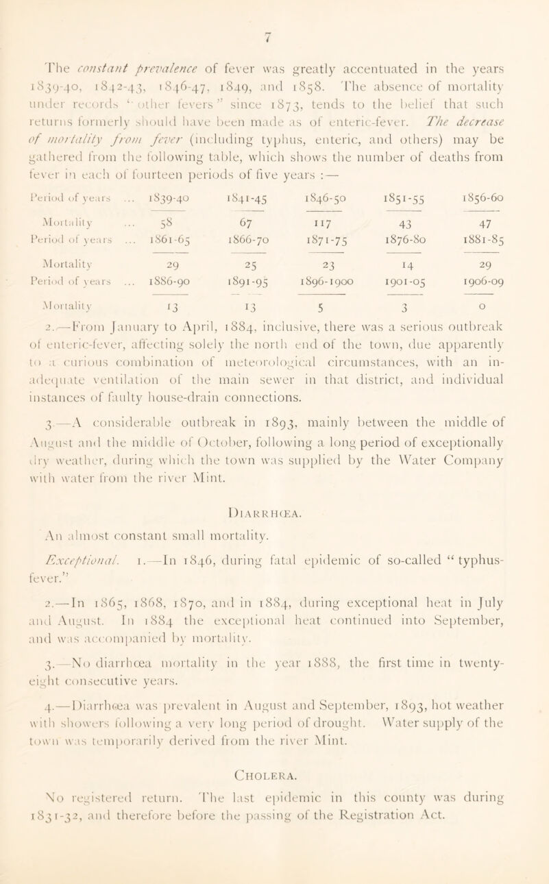 The constant prevalence of fever was greatly accentuated in the years 1839-40, 1842-43, 1846-47, 1849, and 1858. The absence of mortality under records ‘‘other fevers” since 1873, tends to the belief that such returns formerly should have been made as of enteric-fever. The decrease of mortality from fever (including typhus, enteric, and others) may be gathered from the following table, which shows the number of deaths from fever in each of fourteen periods of five years : — Period of years . 1839-40 1841-45 1846-50 1851-55 1856-60 Mortality • 58 67 117 43 47 Period of years 1861-65 1866-70 1871-75 1876-80 1881-85 Mortality 29 25 23 14 29 Period of years 1886-90 1891-95 1896-1900 1901-05 1906-09 Mortality *3 13 5 7 J 0 2.,— From January to April, 1884, inclusive, there was a serious outbreak of enteric-fever, affecting solely the north end of the town, due apparently to a curious combination of meteorological circumstances, with an in- adequate ventilation of the main sewer in that district, and individual instances of faulty house-drain connections. 3.—A considerable outbreak in 1893, mainly between the middle of August and the middle of October, following a long period of exceptionally dry weather, during which the town was supplied by the Water Company with water from the river Mint. Diarrhoea. An almost constant small mortality. Exceptional. 1.—In 1846, during fatal epidemic of so-called “ typhus- fever.” 2. — In 1865, 1868, 1870, and in [884, during exceptional heat in July and August. In 1884 the exceptional heat continued into September, and was accompanied by mortality. 3. —No diarrhoea mortality in the year 1888, the first time in twenty- eight consecutive years. 4. —Diarrhoea was prevalent in August and September, 1893, h°t weather with showers following a verv long period of drought. Water supply of the town was temporarily derived from the river Mint. Cholera. No registered return. The last epidemic in this county was during *831-32, and therefore before the passing of the Registration Act.