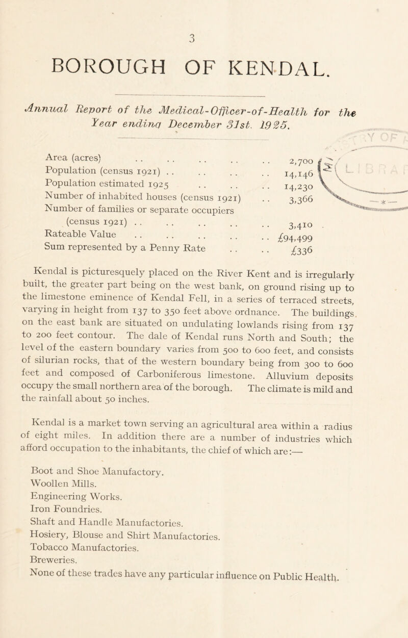 BOROUGH OF KENDAL. Annual Report of the Medical-Officer-of-Health for the Year endinq December 31st. 1925. Area (acres) 2,700 Population (census 1921) . . •• I4*I46 Population estimated 1925 14,230 Number of inhabited houses (census 1921) Number of families or separate occupiers 3>366 (census 1921) 3,4IQ Rateable Value • • ^94*499 Sum represented by a Penny Rate £336 Kendal is picturesquely placed on the River Kent and is irregularly built, the greater part being on the west bank, on ground rising up to the limestone eminence of Kendal Fell, in a series of terraced streets, varying in height from 137 to 350 feet above ordnance. The buildings, on the east bank are situated on undulating lowlands rising from 137 to 200 feet contour. The dale of Kendal runs North and South; the cl of the eastern boundary varies from 500 to 600 feet, and consists of silurian rocks, that of the western boundary being from 300 to 600 feet and composed of Carboniferous limestone. Alluvium deposits occupy the small northern area of the borough. The climate is mild and the rainfall about 50 inches. Kendal is a market town serving an agricultural area within a radius of eight miles. In addition there are a number of industries which afford occupation to the inhabitants, the chief of which are: Boot and Shoe Manufactory. Woollen Mills. Engineering Works. Iron Foundries. Shaft and Handle Manufactories. Hosiery, Blouse and Shirt Manufactories. Tobacco Manufactories. Breweries. None of these trades have any particular influence on Public Health.