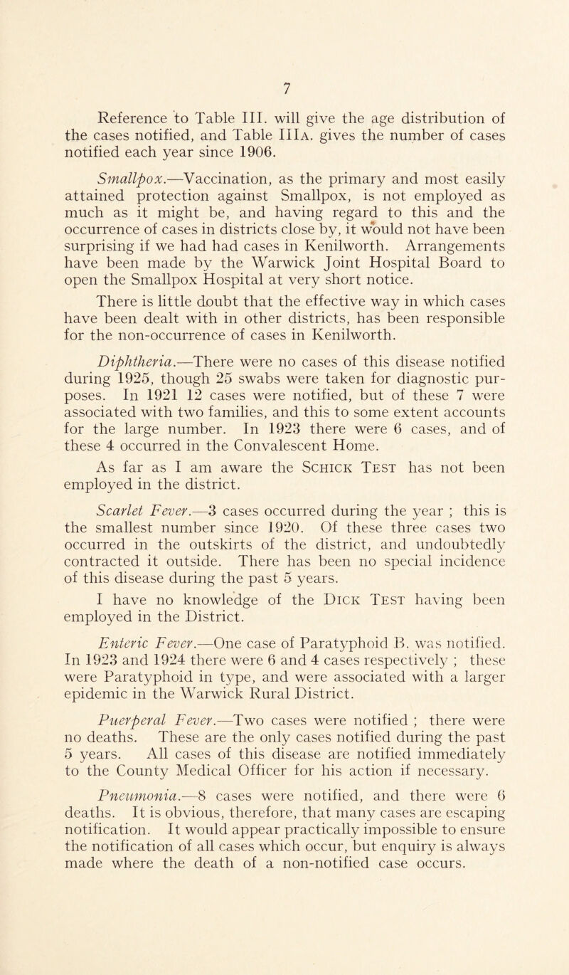 Reference to Table III. will give the age distribution of the cases notified, and Table III a. gives the number of cases notified each year since 1906. Smallpox.—Vaccination, as the primary and most easily attained protection against Smallpox, is not employed as much as it might be, and having regard to this and the occurrence of cases in districts close by, it would not have been surprising if we had had cases in Kenilworth. Arrangements have been made by the Warwick Joint Hospital Board to open the Smallpox Hospital at very short notice. There is little doubt that the effective way in which cases have been dealt with in other districts, has been responsible for the non-occurrence of cases in Kenilworth. Diphtheria.—There were no cases of this disease notified during 1925, though 25 swabs were taken for diagnostic pur- poses. In 1921 12 cases were notified, but of these 7 were associated with two families, and this to some extent accounts for the large number. In 1923 there were 6 cases, and of these 4 occurred in the Convalescent Home. As far as I am aware the Schick Test has not been employed in the district. Scarlet Fever.—3 cases occurred during the year ; this is the smallest number since 1920. Of these three cases two occurred in the outskirts of the district, and undoubtedly contracted it outside. There has been no special incidence of this disease during the past 5 years. I have no knowledge of the Dick Test having been employed in the District. Enteric Fever.—One case of Paratyphoid B. was notified. In 1923 and 1924 there were 6 and 4 cases respectively ; these were Paratyphoid in type, and were associated with a larger epidemic in the Warwick Rural District. Puerperal Fever.—Two cases were notified ; there were no deaths. These are the only cases notified during the past 5 years. All cases of this disease are notified immediately to the County Medical Officer for his action if necessary. Pneumonia.—8 cases were notified, and there were 6 deaths. It is obvious, therefore, that many cases are escaping notification. It would appear practically impossible to ensure the notification of all cases which occur, but enquiry is always made where the death of a non-notified case occurs.