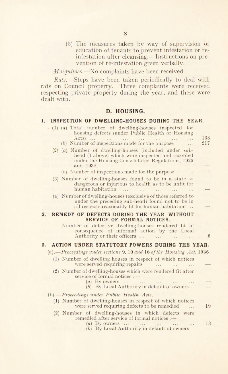 (5) The measures taken by way of supervision or education of tenants to prevent infestation or re- infestation after cleansing.—Instructions on pre- vention of re-infestation given verbally. Mosquitoes.—No complaints have been received. Rats.—Steps have been taken periodically to deal with rats on Council property. Three complaints were received respecting private property during the year, and these were dealt with. D. HOUSING. 1. INSPECTION OF DWELLING-HOUSES DURING THE YEAR. (1) (a) Total number of dwelling-houses inspected for housing defects funder Public Health or Housing Acts) ... ... ... ... ... ... ... 1G8 (b) Number of inspections made for the purpose ... 217 (2) (a) Number of dwelling-houses (included under sub- head (1 above) which were inspected and recorded under the Housing Consolidated Regulations, 1925 and 1932. '  — (b) Number of inspections made for the purpose ... — (3) Number of dwelling-houses found to be in a state so dangerous or injurious to health as to be unfit for human habitation ... ... ... ... ... — (4) Number of dwelling-houses (exclusive of those referred to under the preceding sub-head) found not to be in all respects reasonably fit for human habitation ... — 2. REMEDY OF DEFECTS DURING THE YEAR WITHOUT SERVICE OF FORMAL NOTICES. Number of defective dwelling-houses rendered fit in consequence of informal action by the Local Authority or their officers ... ... ... ... 6 3. ACTION UNDER STATUTORY POWERS DURING THE YEAR. (a) .—Proceedings under sections 9, 10 and \Q of the Housing Act, 1936 (1) Number of dwelling houses in respect of which notices were served requiring repairs ... ... ... — (2) Number of dwelling-houses which were rendered fit after service of formal notices :—- (a) By owners ... ... ... ... ... — (b) By Local Authority in default of owners... — (b) —Proceedings under Public Health Acts. (1) Number of dwelling-houses in respect of which notices were served requiring defects to be remedied ... 19 (2) Number of dwelling-houses in which defects were remedied after service of formal notices :—- (a) By owners ... ... ... ... ... 13 (b) By Local Authority in default of owners —