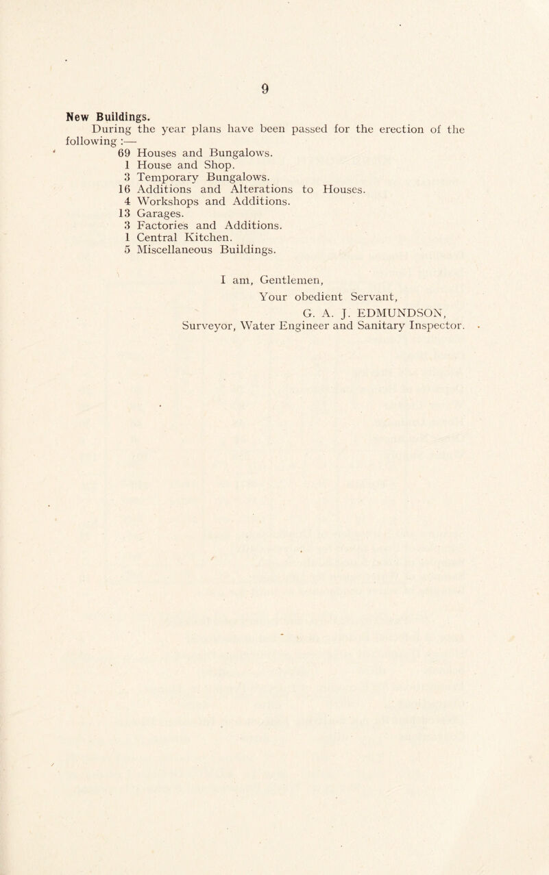 New Buildings. During the year plans have been passed for the erection of the following :— 69 Houses and Bungalows. 1 House and Shop. 3 Temporary Bungalows. 16 Additions and Alterations to Houses. 4 Workshops and Additions. 13 Garages. 3 Factories and Additions. 1 Central Kitchen. 5 Miscellaneous Buildings. I am, Gentlemen, Your obedient Servant, G. A. J. EDMUNDSON, Surveyor, Water Engineer and Sanitary Inspector.