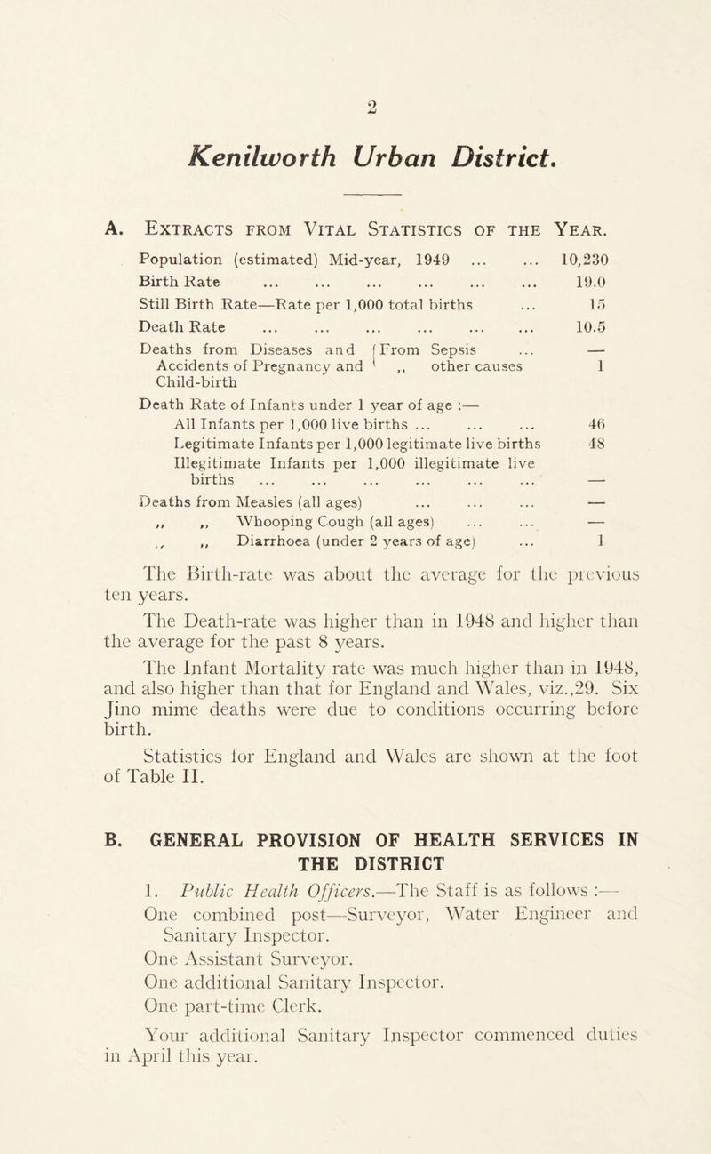 9 Kenilworth Urban District. A. Extracts from Vital Statistics of the Year. Population (estimated) Mid-year, 1949 ... ... 10,230 Birth Rate ... ... ... ... ... ... 19.0 Still Birth Rate—Rate per 1,000 total births ... 15 Death Rate ... ... ... ... ... ... 10.5 Deaths from Diseases and (From Sepsis ... — Accidents of Pregnancy and ( ,, other causes 1 Child-birth Death Rate of Infants under 1 year of age :— All Infants per 1,000 live births ... ... ... 46 Legitimate Infants per 1,000 legitimate live births 48 Illegitimate Infants per 1,000 illegitimate live births ... ... ... ... ... ... — Deaths from Measles (all ages) ... ... ... — ,, ,, Whooping Cough (all ages) ... ... — w ,, Diarrhoea (under 2 years of age) ... 1 The Birth-rate was about the average for the previous ten years. The Death-rate was higher than in 1948 and higher than the average for the past 8 years. The Infant Mortality rate was much higher than in 1948, and also higher than that for England and Wales, viz.,29. Six Jino mime deaths were due to conditions occurring before birth. Statistics for England and Wales are shown at the foot of Table II. B. GENERAL PROVISION OF HEALTH SERVICES IN THE DISTRICT 1. Public Health Officers.—The Staff is as follows One combined post—Surveyor, Water Engineer and Sanitary Inspector. One Assistant Surveyor. One additional Sanitary Inspector. One part-time Clerk. Your additional Sanitary Inspector commenced duties in April this year.