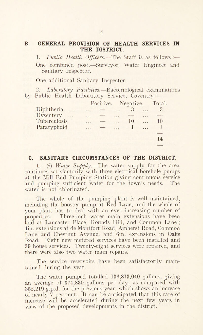 B. GENERAL PROVISION OF HEALTH SERVICES IN THE DISTRICT. 1. Public Health Officers.—The Staff is as follows :— One combined post.—Surveyor, Water Engineer and Sanitary Inspector. One additional Sanitary Inspector. 2. Laboratory Facilities.—Bacteriological examinations by Public Health Laboratory Service, Coventry :— Positive. Negative. Total Diphtheria ... ... — ... 3 ... 3 Dysentery — ... — — Tuberculosis ... — ... 10 ... 10 Paratyphoid ... — ... 1 1 14 C. SANITARY CIRCUMSTANCES OF THE DISTRICT. 1. if) Water Supply.—-The water supply for the area continues satisfactorily with three electrical borehole pumps at the Mill End Pumping Station giving continuous service and pumping sufficient water for the town's needs. The water is not chlorinated. The whole of the pumping plant is well maintained, including the booster pump at Red Lane, and the whole of your plant has to deal with an ever increasing number of properties. Three-inch water main extensions have been laid at Lancaster Place, Rounds Hill, and Common Lane ; 4in. extensions at de Montfort Road, Amherst Road, Common Lane and Chestnut Avenue, and 6in. extensions in Oaks Road. Eight new metered services have been installed and 39 house services. Twenty-eight services were repaired, and there were also two water main repairs. The service reservoirs have been satisfactorily main- tained during the year. The water pumped totalled 136,813,040 gallons, giving an average of 374,830 gallons per day, as compared with 352,219 g.p.d. for the previous year, which shows an increase of nearly 7 per cent. It can be anticipated that this rate of increase will be accelerated during the next few years in view of the proposed developments in the district.