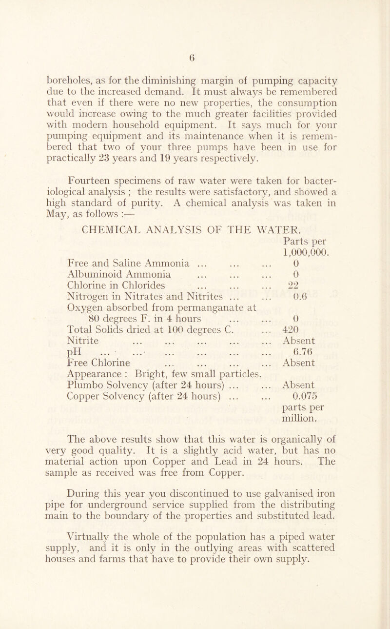 boreholes, as for the diminishing margin of pumping capacity due to the increased demand. It must always be remembered that even if there were no new properties, the consumption would increase owing to the much greater facilities provided with modern household equipment. It says much for your pumping equipment and its maintenance when it is remem- bered that two of your three pumps have been in use for practically 23 years and 19 years respectively. Fourteen specimens of raw water were taken for bacter- iological analysis ; the results were satisfactory, and showed a high standard of purity. A chemical analysis was taken in May, as follows :— CHEMICAL ANALYSIS OF THE WATER. Parts per 1,000,000. Free and Saline Ammonia ... 0 Albuminoid Ammonia 0 Chlorine in Chlorides 22 Nitrogen in Nitrates and Nitrites ... Oxygen absorbed from permanganate at 0.G 80 degrees F. in 4 hours 0 Total Solids dried at 100 degrees C. 420 Nitrite Absent nT-X M JL JL ••• ••• • • o ••• ••• 6.76 Free Chlorine Appearance : Bright, few small particles. Absent Piumbo Solvency (after 24 hours) ... Absent Copper Solvency (after 24 hours) ... 0.075 parts per million. The above results show that this water is organically of very good quality. It is a slightly acid water, but has no material action upon Copper and Lead in 24 hours. The sample as received was free from Copper. During this year you discontinued to use galvanised iron pipe for underground service supplied from the distributing main to the boundary of the properties and substituted lead. Virtually the whole of the population has a piped water supply, and it is only in the outlying areas with scattered houses and farms that have to provide their own supply.