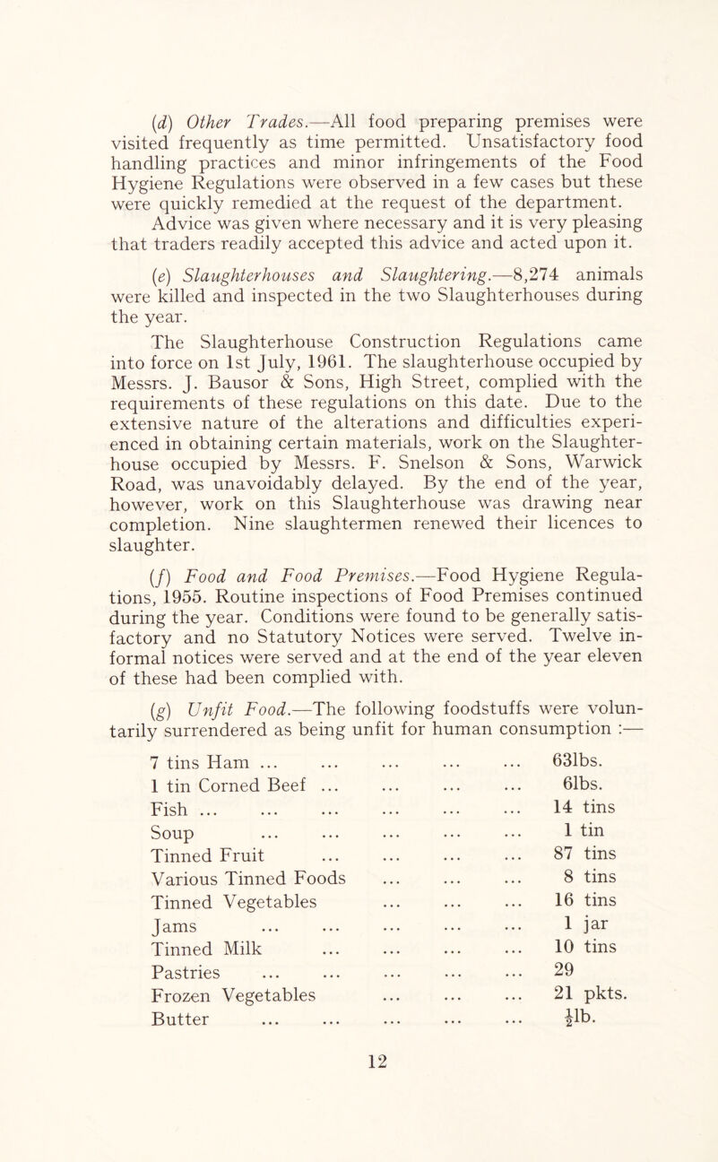 (d) Other Trades.—All food preparing premises were visited frequently as time permitted. Unsatisfactory food handling practices and minor infringements of the Food Hygiene Regulations were observed in a few cases but these were quickly remedied at the request of the department. Advice was given where necessary and it is very pleasing that traders readily accepted this advice and acted upon it. (e) Slaughterhouses and Slaughtering.—8,274 animals were killed and inspected in the two Slaughterhouses during the year. The Slaughterhouse Construction Regulations came into force on 1st July, 1961. The slaughterhouse occupied by Messrs. J. Bausor & Sons, High Street, complied with the requirements of these regulations on this date. Due to the extensive nature of the alterations and difficulties experi- enced in obtaining certain materials, work on the Slaughter- house occupied by Messrs. F. Snelson & Sons, Warwick Road, was unavoidably delayed. By the end of the year, however, work on this Slaughterhouse was drawing near completion. Nine slaughtermen renewed their licences to slaughter. (/) Food and Food Premises.—Food Hygiene Regula- tions, 1955. Routine inspections of Food Premises continued during the year. Conditions were found to be generally satis- factory and no Statutory Notices were served. Twelve in- formal notices were served and at the end of the year eleven of these had been complied with. (g) Unfit Food.—The following foodstuffs were volun- tarily surrendered as being unfit for human consumption :— 7 tins Ham ... 1 tin Corned Beef ... Fish ... Soup Tinned Fruit Various Tinned Foods Tinned Vegetables Jams Tinned Milk Pastries Frozen Vegetables Butter 631bs. 61bs. 14 tins 1 tin 87 tins 8 tins 16 tins 1 jar 10 tins 29 21 pkts. *lb.