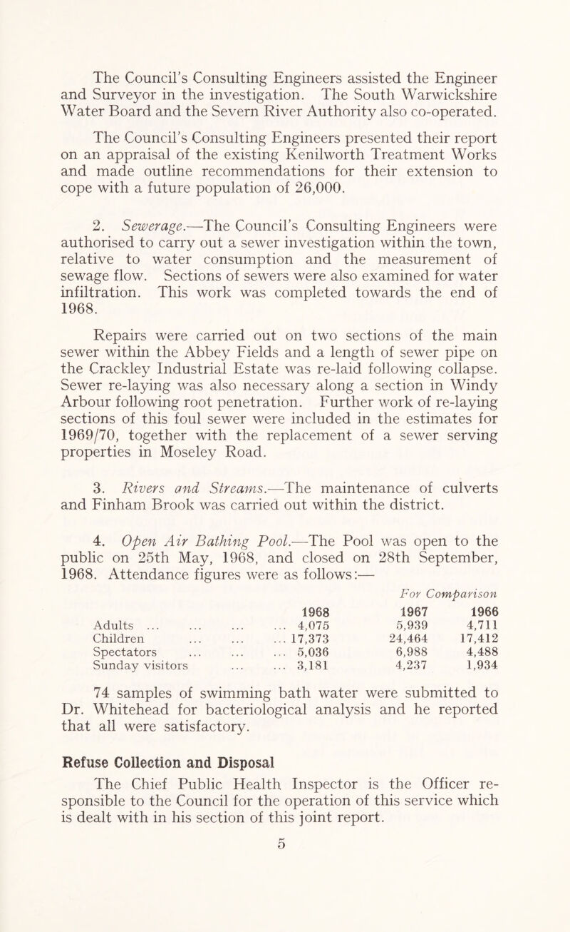 The Council’s Consulting Engineers assisted the Engineer and Surveyor in the investigation. The South Warwickshire Water Board and the Severn River Authority also co-operated. The Council’s Consulting Engineers presented their report on an appraisal of the existing Kenilworth Treatment Works and made outline recommendations for their extension to cope with a future population of 26,000. 2. Sewerage.—The Council’s Consulting Engineers were authorised to carry out a sewer investigation within the town, relative to water consumption and the measurement of sewage flow. Sections of sewers were also examined for water infiltration. This work was completed towards the end of 1968. Repairs were carried out on two sections of the main sewer within the Abbey Fields and a length of sewer pipe on the Crackley Industrial Estate was re-laid following collapse. Sewer re-laying was also necessary along a section in Windy Arbour following root penetration. Further work of re-laying sections of this foul sewer were included in the estimates for 1969/70, together with the replacement of a sewer serving properties in Moseley Road. 3. Rivers and Streams.—The maintenance of culverts and Finham Brook was carried out within the district. 4. Open Air Bathing Pool.—The Pool was open to the public on 25th May, 1968, and closed on 28th September, 1968. Attendance figures were as follows:— For Comparison 1968 1967 1966 Adults ... 4,075 5,939 4,711 Children ... 17,373 24,464 17,412 Spectators ... 5,036 6,988 4,488 Sunday visitors ... 3,181 4,237 1,934 74 samples of swimming bath water were submitted to Dr. Whitehead for bacteriological analysis and he reported that all were satisfactory. Refuse Collection and Disposal The Chief Public Health Inspector is the Officer re- sponsible to the Council for the operation of this service which is dealt with in his section of this joint report. r-' D