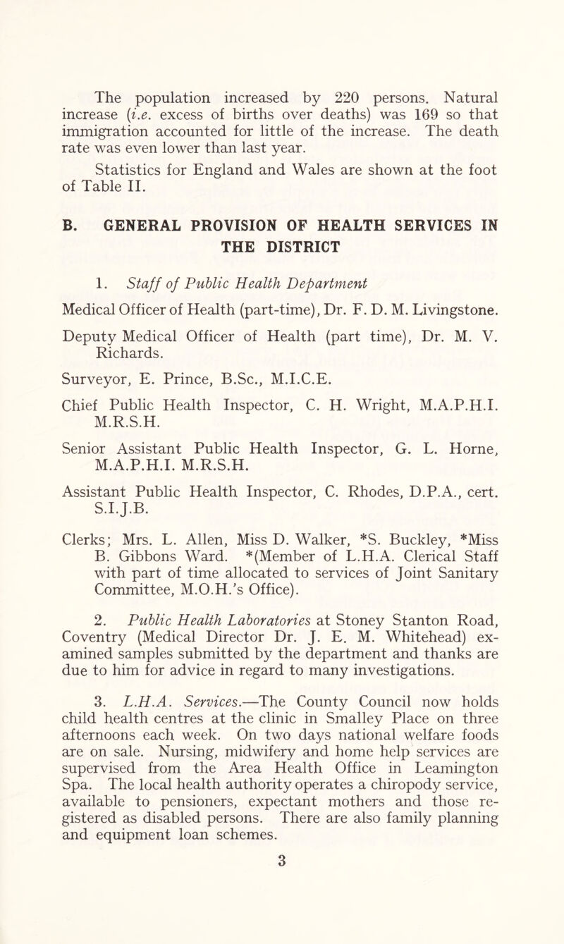 The population increased by 220 persons. Natural increase (i.e. excess of births over deaths) was 169 so that immigration accounted for little of the increase. The death rate was even lower than last year. Statistics for England and Wales are shown at the foot of Table II. B. GENERAL PROVISION OF HEALTH SERVICES IN THE DISTRICT 1. Staff of Public Health Department Medical Officer of Health (part-time), Dr. F. D. M. Livingstone. Deputy Medical Officer of Health (part time), Dr. M. V. Richards. Surveyor, E. Prince, B.Sc., M.I.C.E. Chief Public Health Inspector, C. H. Wright, M.A.P.H.I. M.R.S.H. Senior Assistant Public Health Inspector, G. L. Horne, M.A.P.H.I. M.R.S.H. Assistant Public Health Inspector, C. Rhodes, D.P.A., cert. S.I.J.B. Clerks; Mrs. L. Allen, Miss D. Walker, *S. Buckley, *Miss B. Gibbons Ward. * (Member of L.H.A. Clerical Staff with part of time allocated to services of Joint Sanitary Committee, M.O.H.’s Office). 2. Public Health Laboratories at Stoney Stanton Road, Coventry (Medical Director Dr. J. E. M. Whitehead) ex- amined samples submitted by the department and thanks are due to him for advice in regard to many investigations. 3. L.H.A. Services.—The County Council now holds child health centres at the clinic in Smalley Place on three afternoons each week. On two days national welfare foods are on sale. Nursing, midwifery and home help services are supervised from the Area Health Office in Leamington Spa. The local health authority operates a chiropody service, available to pensioners, expectant mothers and those re- gistered as disabled persons. There are also family planning and equipment loan schemes.