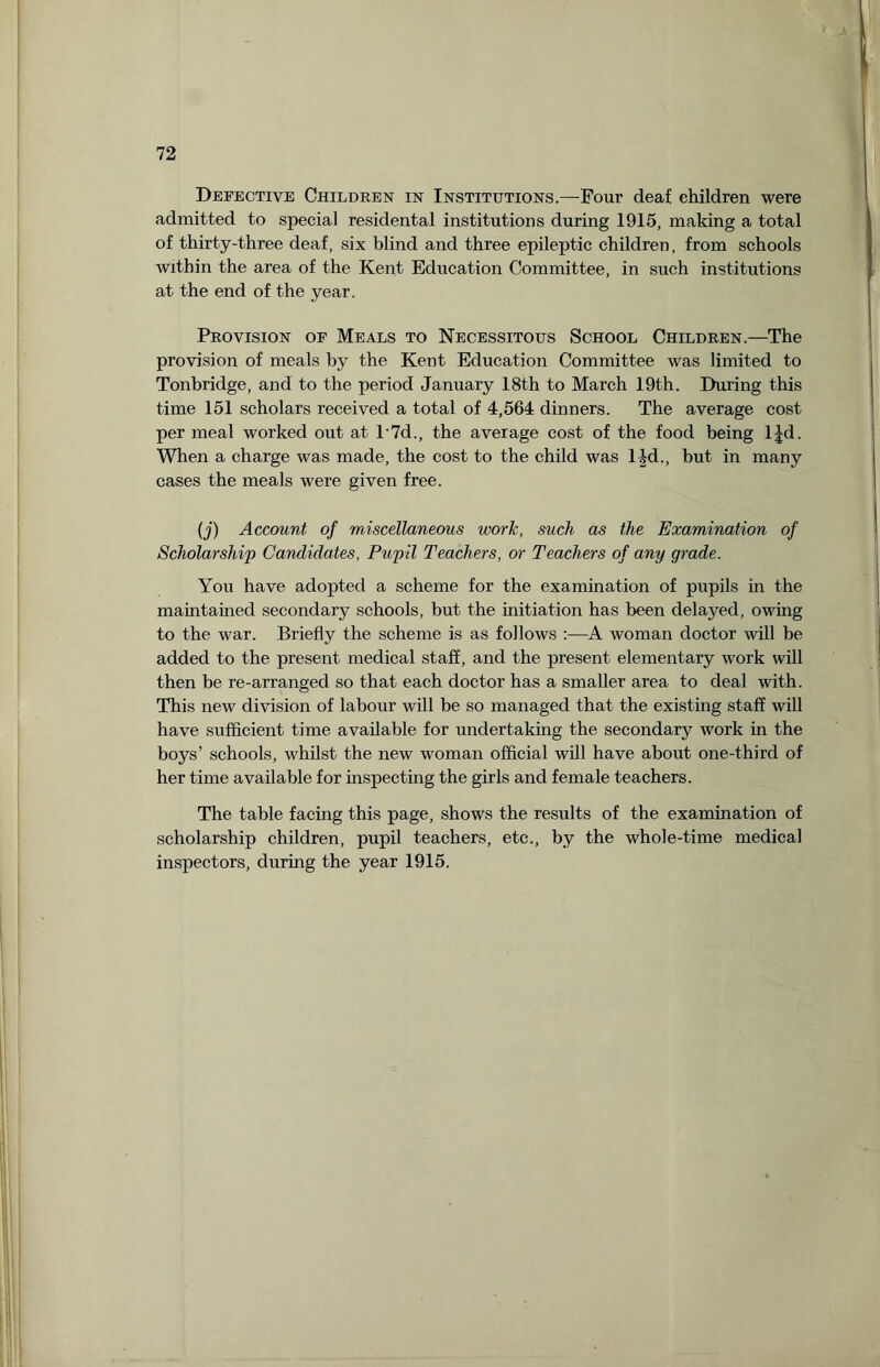 Defective Children in Institutions—Four deaf children were admitted to special residental institutions during 1915, making a total of thirty-three deaf, six blind and three epileptic children, from schools within the area of the Kent Education Committee, in such institutions at the end of the year. Provision of Meals to Necessitous School Children.—The provision of meals by the Kent Education Committee was limited to Tonbridge, and to the period January 18th to March 19th. During this time 151 scholars received a total of 4,564 dinners. The average cost per meal worked out at l'7d., the average cost of the food being l^d. When a charge was made, the cost to the child was l|d., but in many cases the meals were given free. (j) Account of miscellaneous work, such as the Examination of Scholarship Candidates, Pupil Teachers, or Teachers of any grade. You have adopted a scheme for the examination of pupils in the maintained secondary schools, but the initiation has been delayed, owing to the war. Briefly the scheme is as follows :—A woman doctor will be added to the present medical staff, and the present elementary work will then be re-arranged so that each doctor has a smaller area to deal with. This new division of labour will be so managed that the existing staff will have sufficient time available for undertaking the secondary work in the boys’ schools, whilst the new woman official will have about one-third of her time available for inspecting the girls and female teachers. The table facing this page, shows the results of the examination of scholarship children, pupil teachers, etc., by the whole-time medical inspectors, during the year 1915.