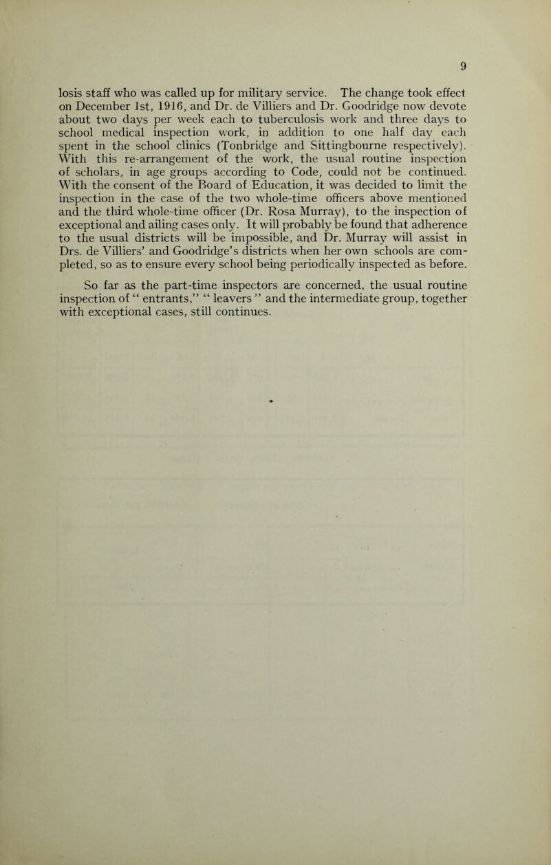 losis staff who was called up for military service. The change took effect on December 1st, 1916, and Dr. de Villiers and Dr. Goodridge now devote about two days per week each to tuberculosis work and three days to school medical inspection work, in addition to one half day each spent in the school clinics (Tonbridge and Sittingbourne respectively). With this re-arrangement of the work, the usual routine inspection of scholars, in age groups according to Code, could not be continued. With the consent of the Board of Education, it was decided to limit the inspection in the case of the two whole-time officers above mentioned and the third whole-time officer (Dr. Rosa Murray), to the inspection of exceptional and ailing cases only. It will probably be found that adherence to the usual districts will be impossible, and Dr. Murray will assist in Drs. de Villiers’ and Goodridge’s districts when her own schools are com¬ pleted, so as to ensure every school being periodically inspected as before. So far as the part-time inspectors are concerned, the usual routine inspection of “ entrants,” “ leavers ” and the intermediate group, together with exceptional cases, still continues.